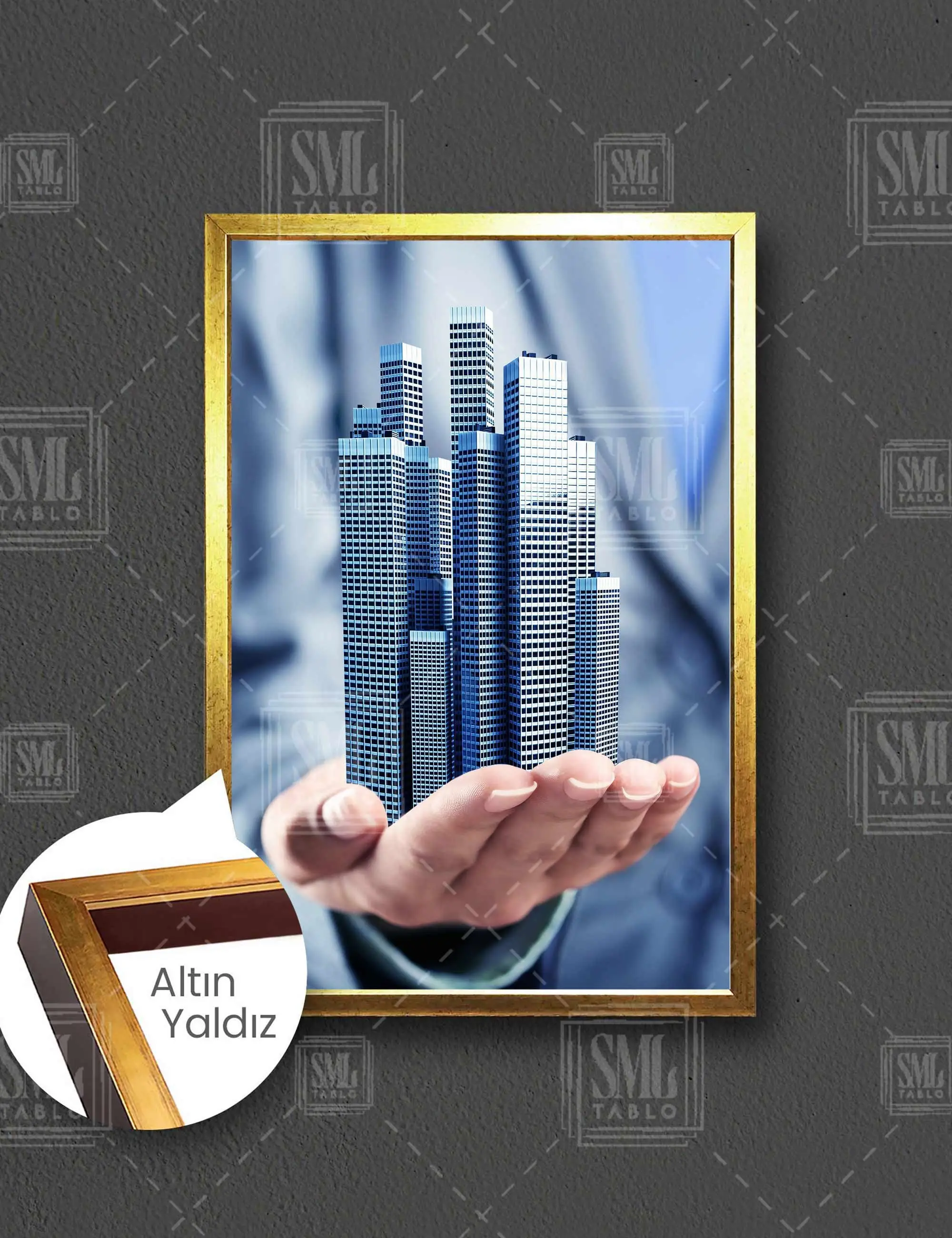 Emlak Ofisi Real Estate Şehir Manzarası City View Çerçeveli Dikey Kanvas Tablo