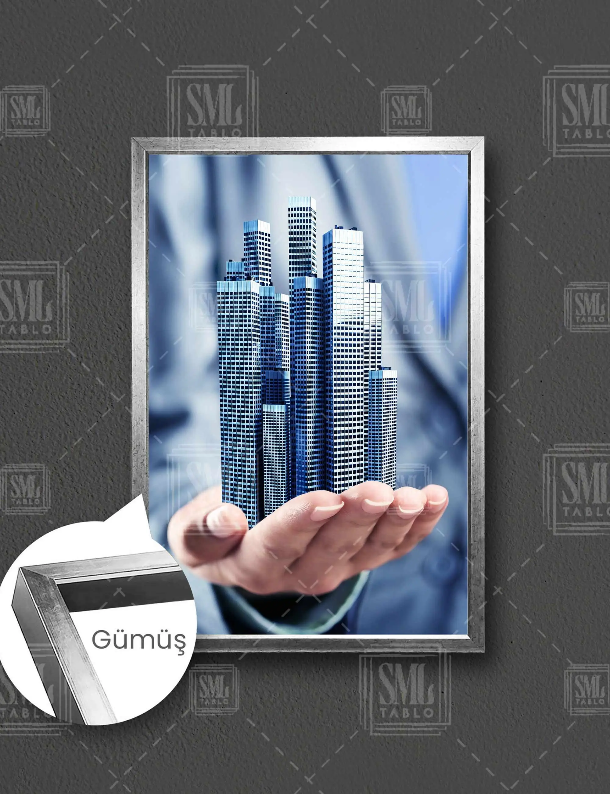 Emlak Ofisi Real Estate Şehir Manzarası City View Çerçeveli Dikey Kanvas Tablo - Gümüş