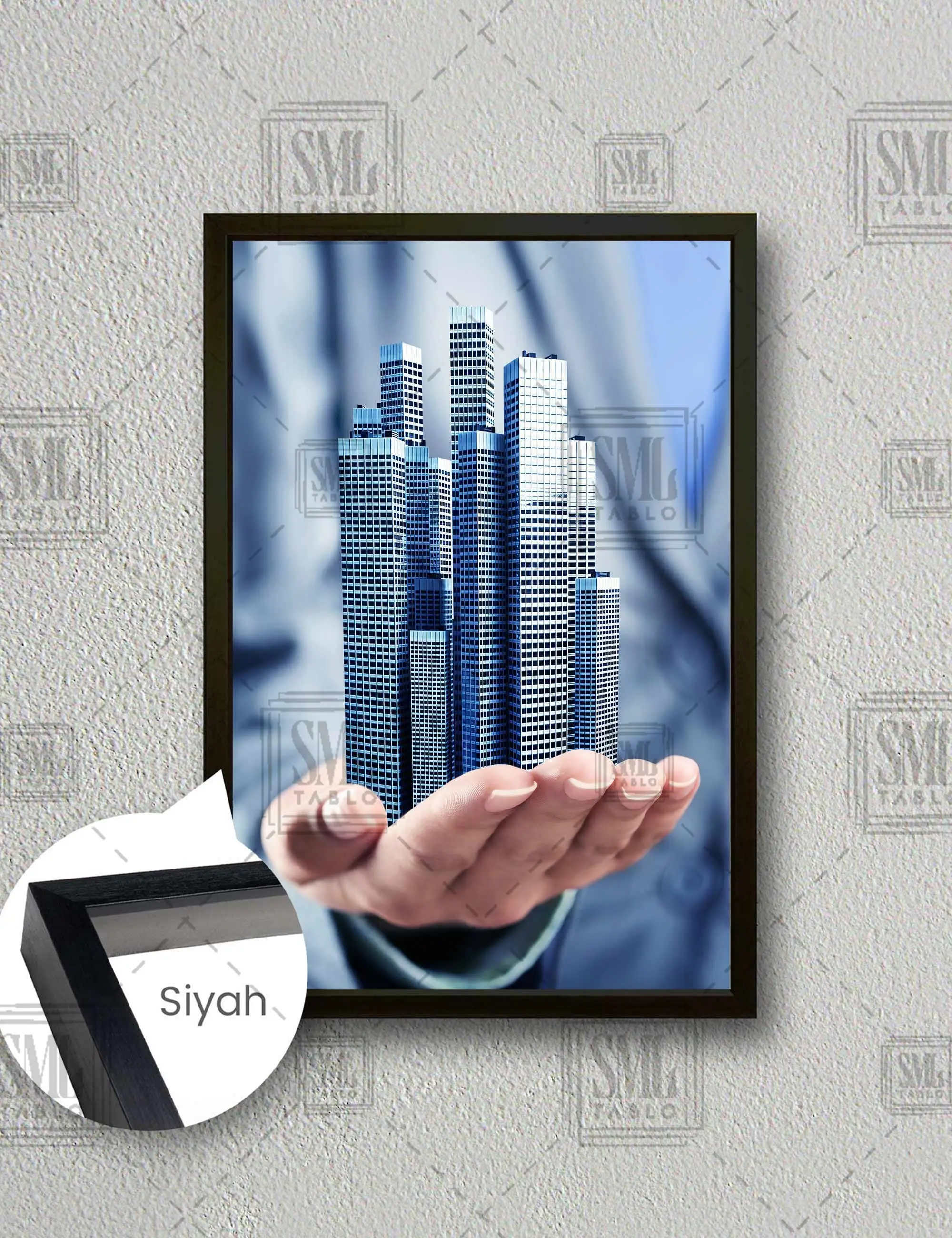 Emlak Ofisi Real Estate Şehir Manzarası City View Çerçeveli Dikey Kanvas Tablo - Siyah