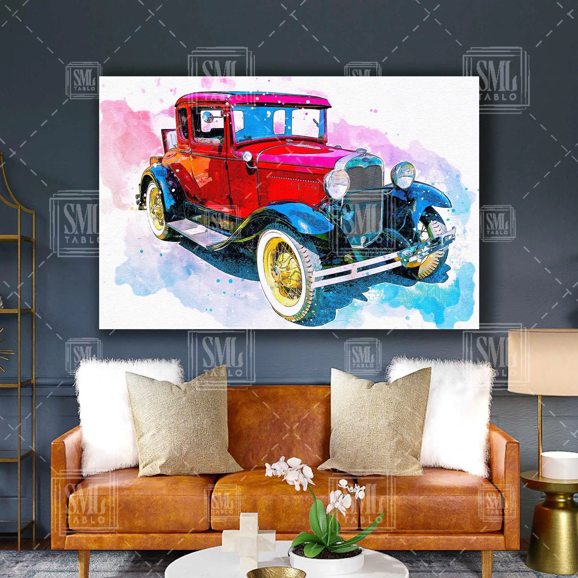 Eski Model Vintage Kırmızı Araba İlüstrasyon Çizim Yatay Kanvas Tablo