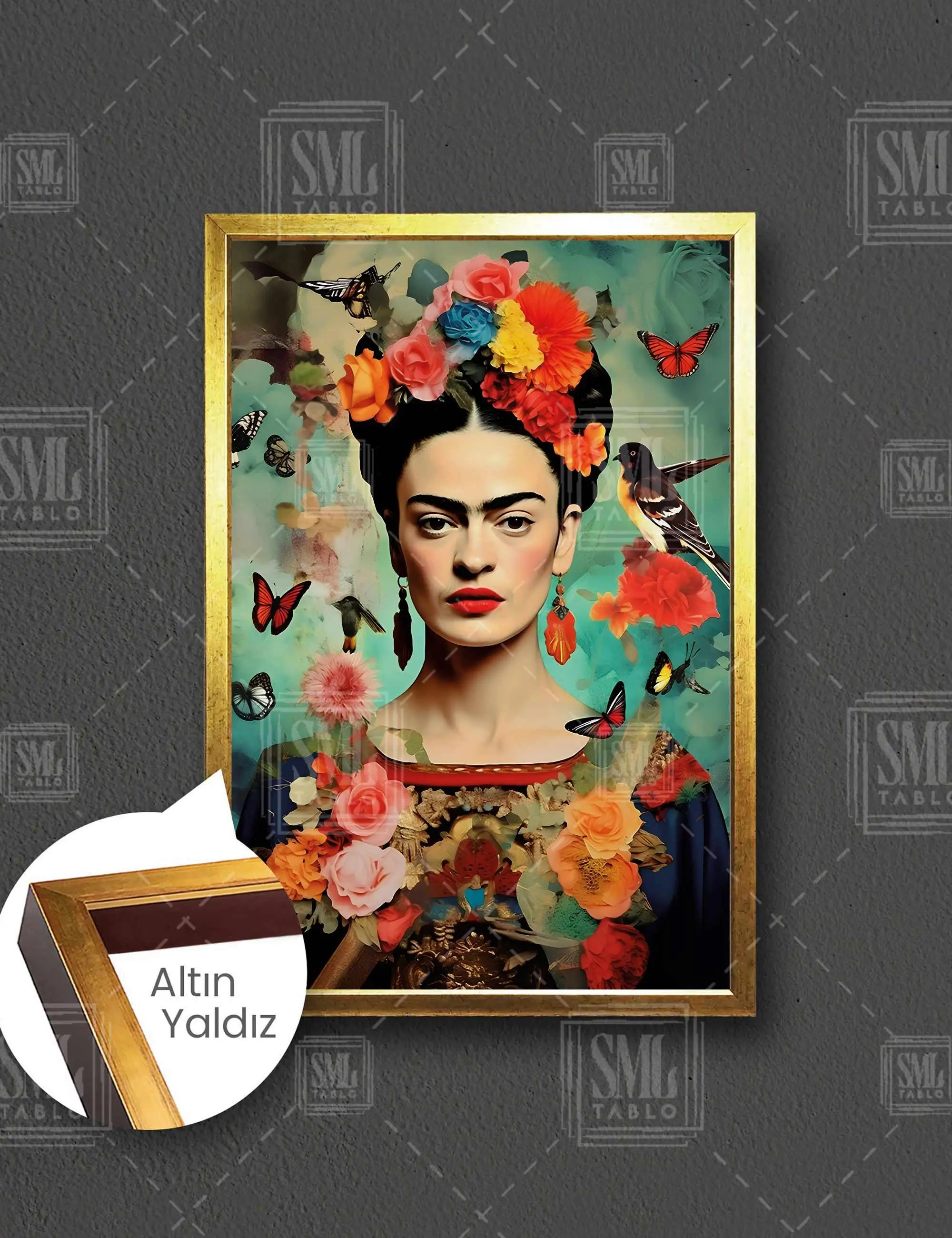 Etrafında Kelebekler ve Kuşlarla Çiçek Taçlı Frida Kahlo Çerçeveli Dikey Kanvas Tablo