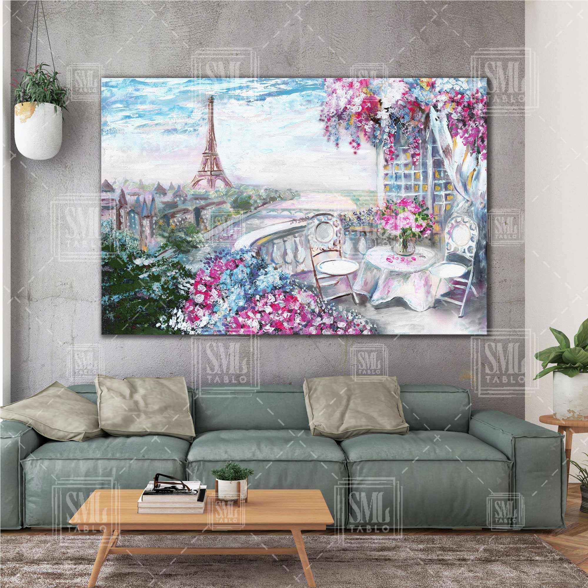 Eyfel Kulesi Manzaralı Balkon Yağlı Boya Efektli Paris Yatay Kanvas Tablo Eyfel Kulesi Manzaralı Balkon Yağlı Boya Efektli Paris Yatay Kanvas Tablo
