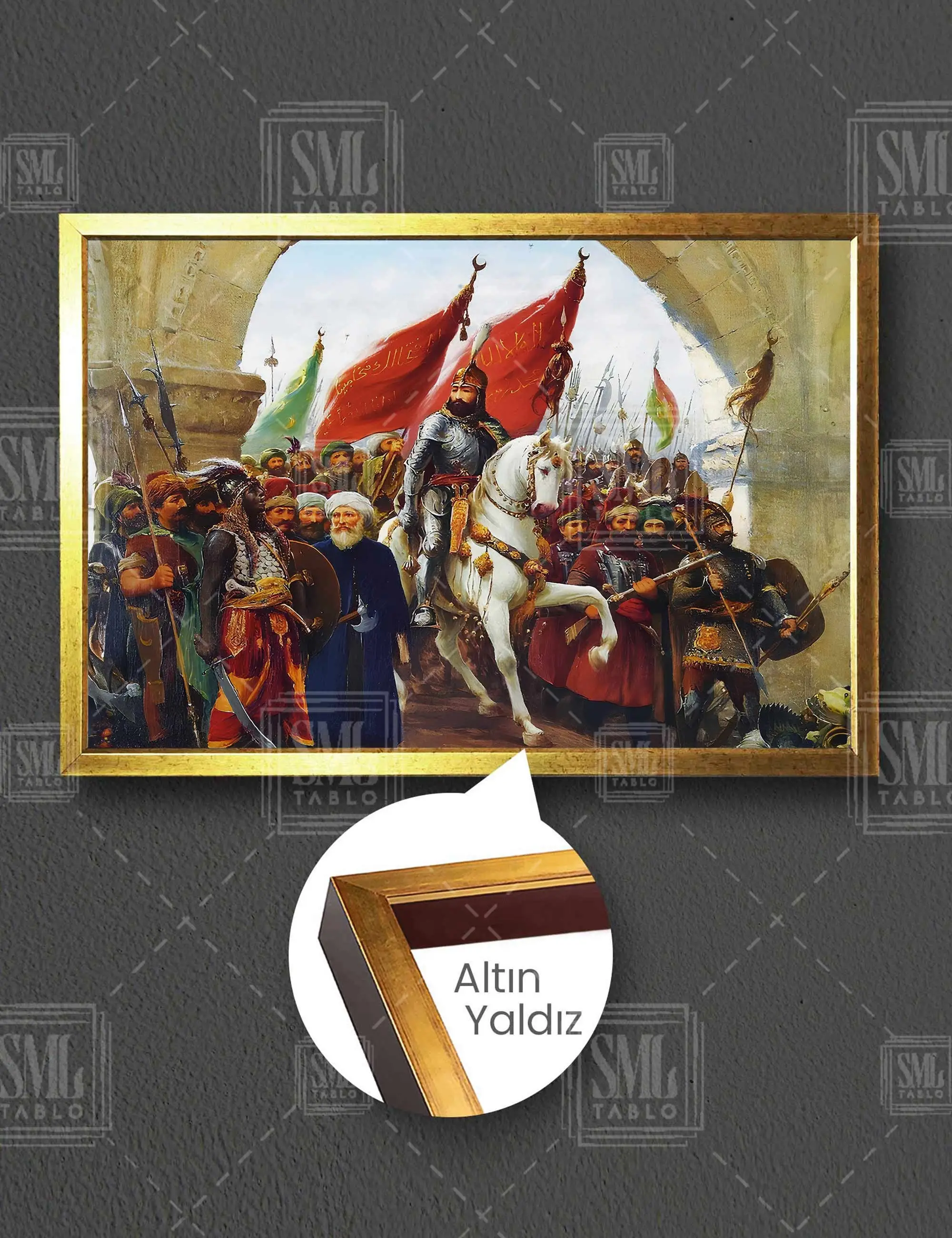 Fatih Sultan Mehmet İstanbul At Üstünde ile Giriş İstanbulun Fethi Çerçeveli Yatay Kanvas Tablo
