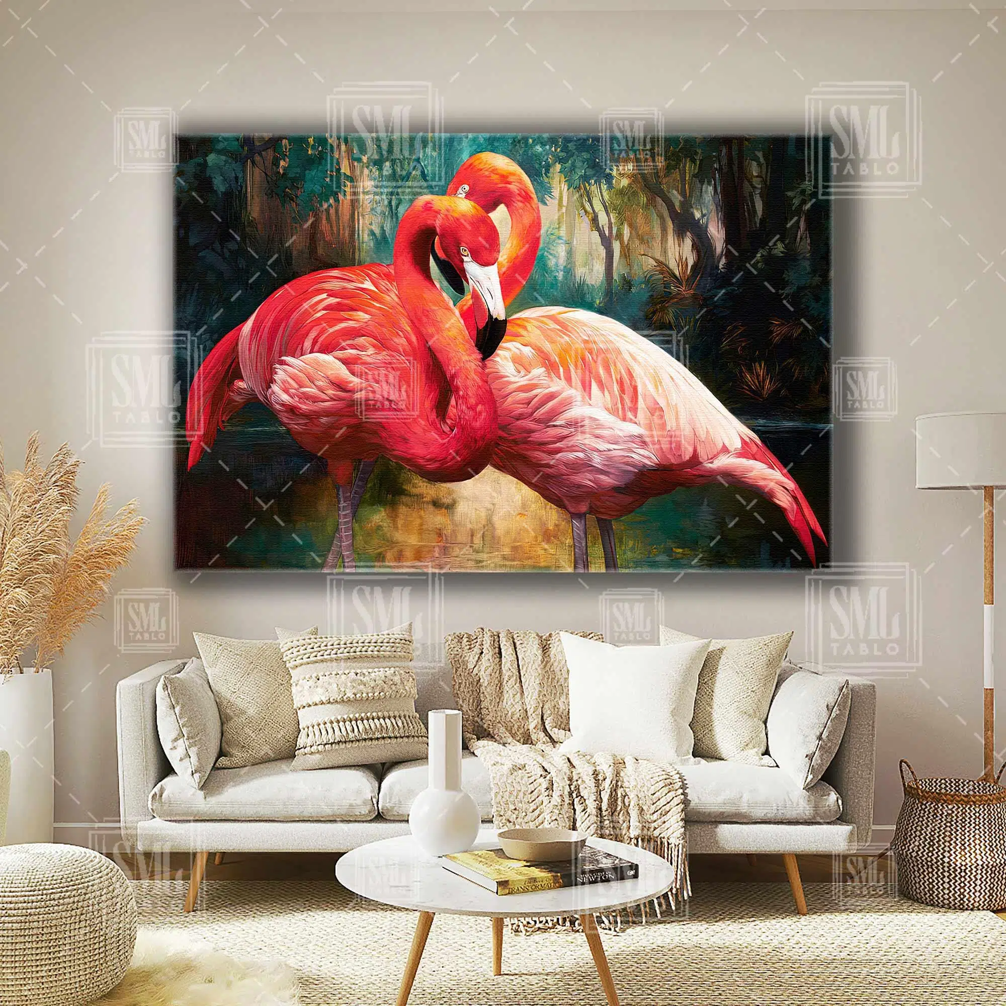 Flamingo Tropik Orman Pembe Dev Kuş Yatay Kanvas Tablo
