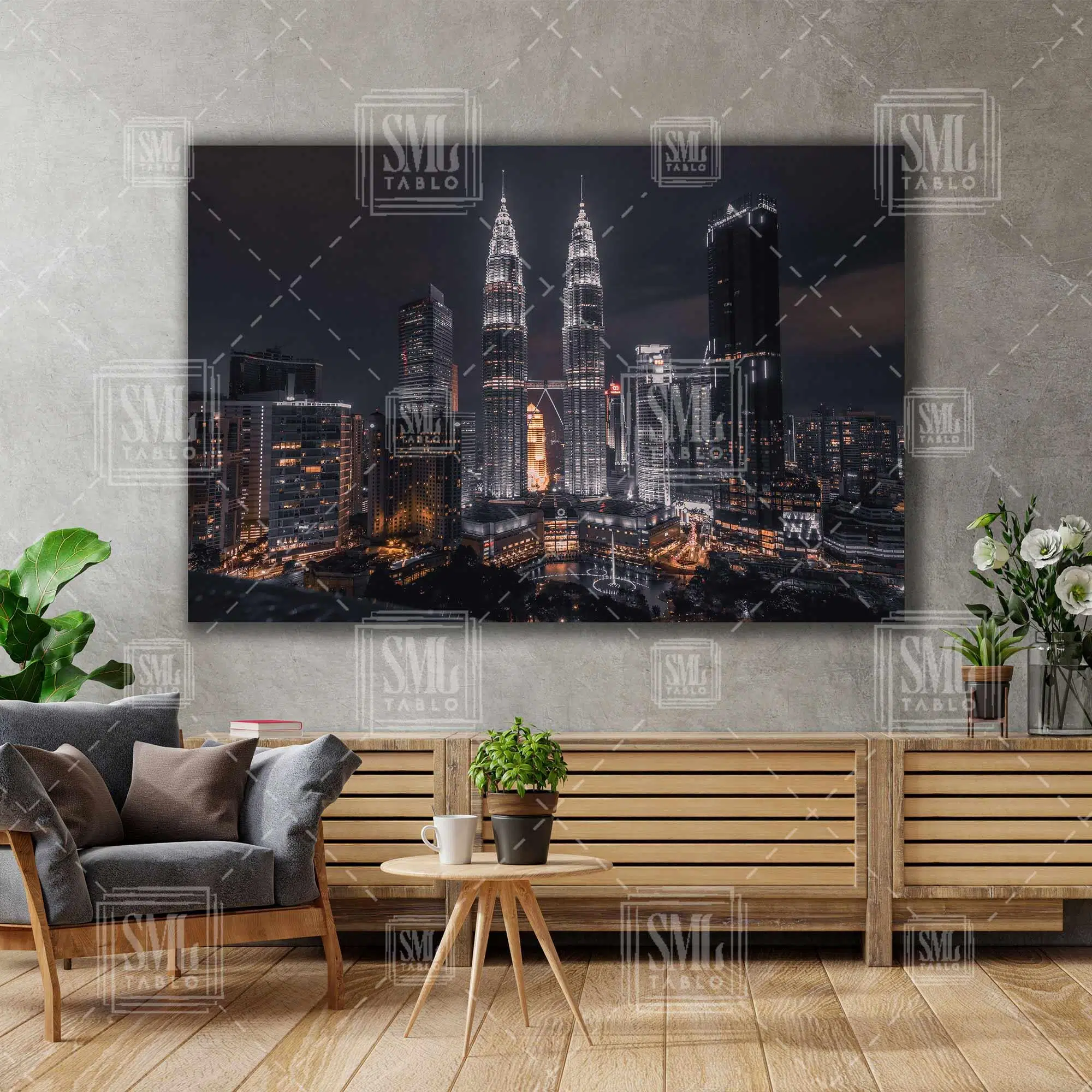 Gece Işıkları Altında Şehir Manzarası City Dekor Yatay Kanvas Tablo