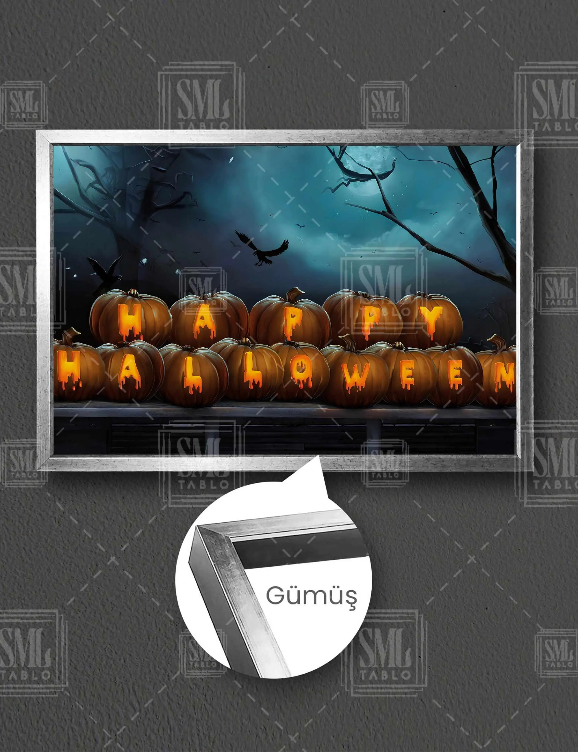 Gece Orman Bal Kabakları Happy Halloween Cadılar Bayramı Çerçeveli Yatay Kanvas Tablo - Gümüş