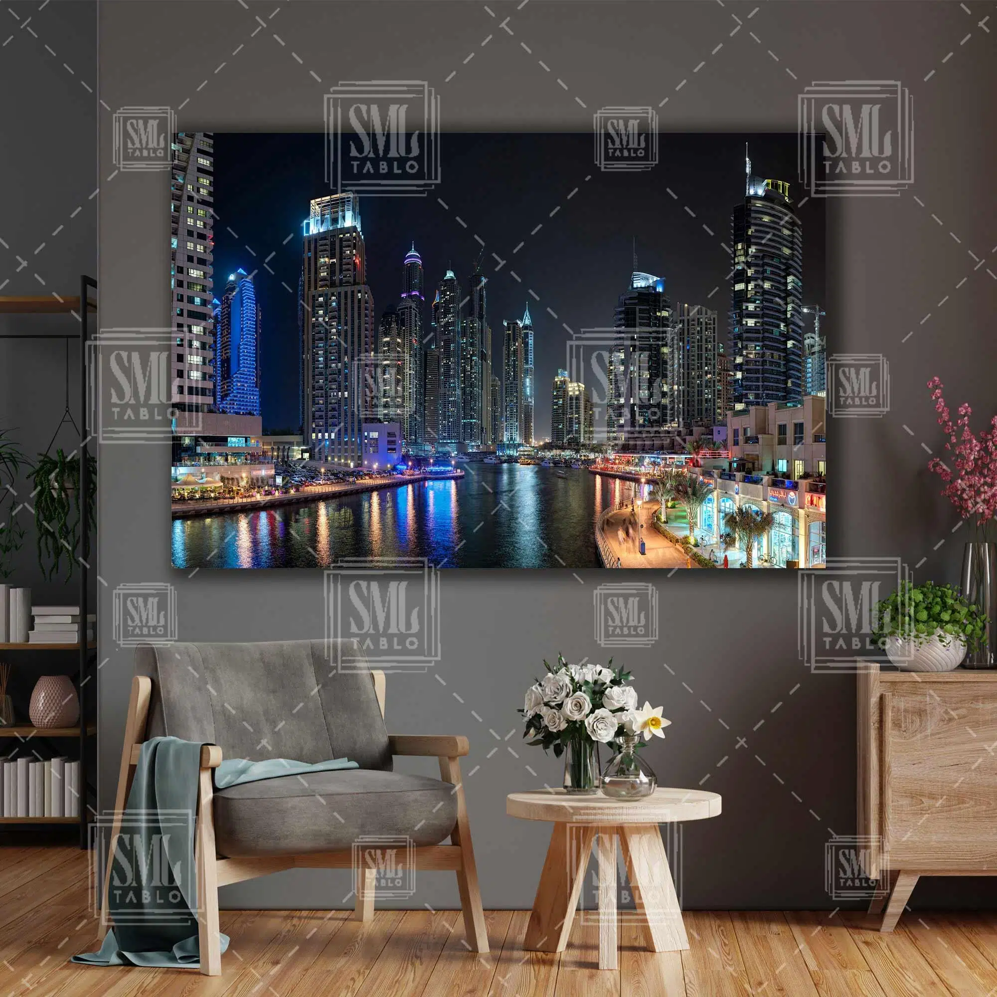 Gece Şehir Işıkları Altında Dubai Manzarası City Göl Yatay Kanvas Tablo