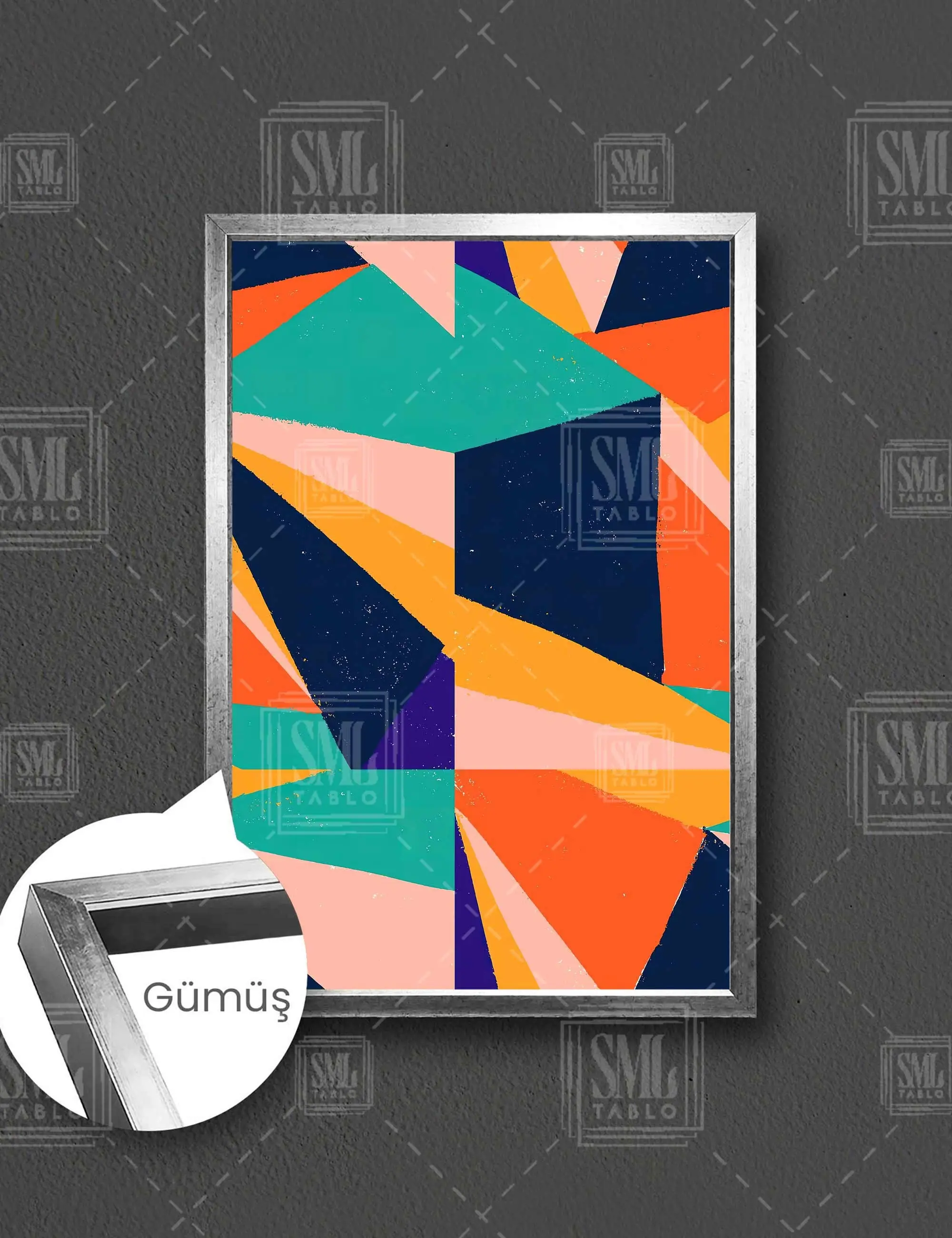Geometrik Desenler Modern Sanat Soyut Dekoratif Çerçeveli Dikey Kanvas Tablo - Gümüş