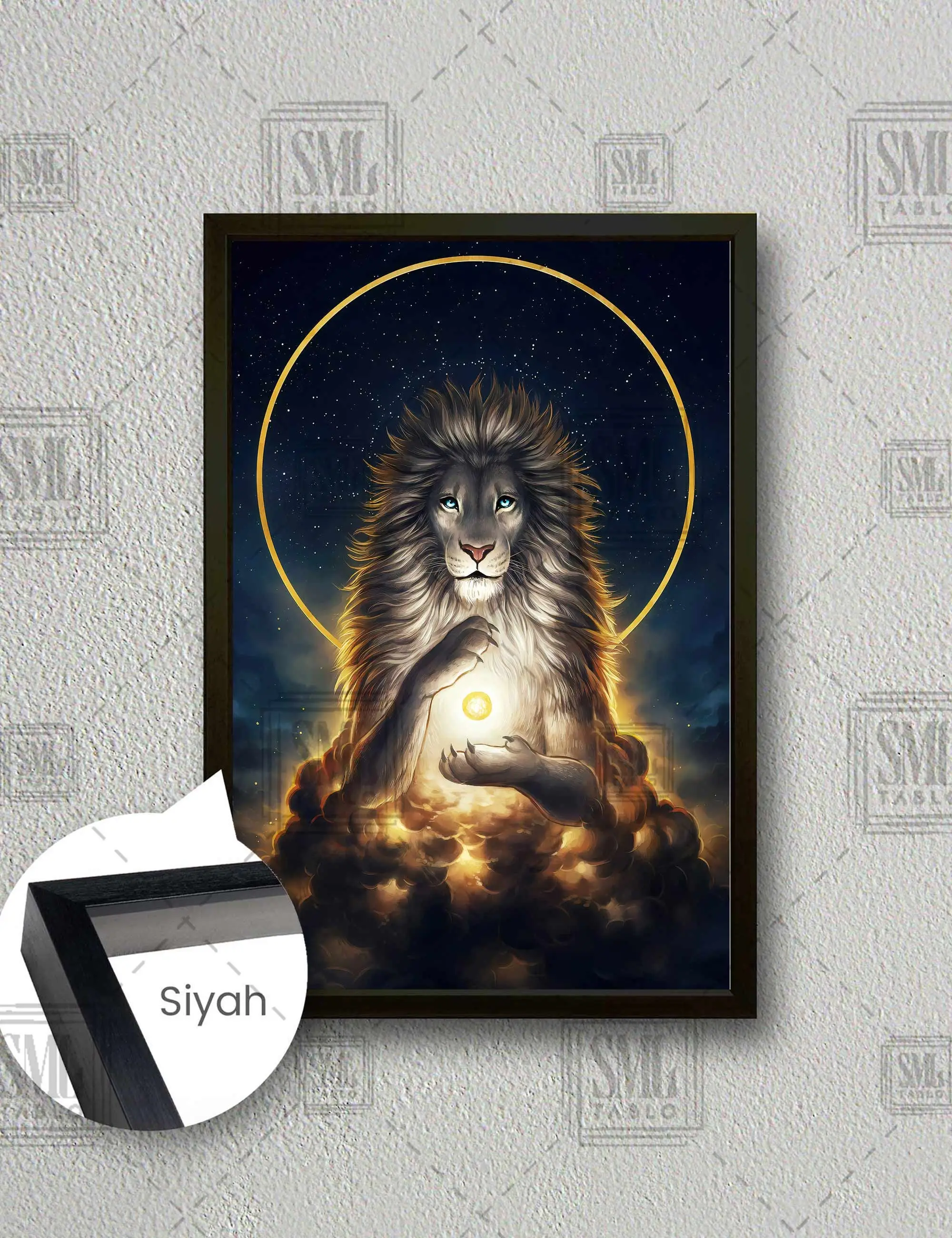 Gold Daire Önünde Altın Saçlı Aslan İlüstrasyonu Çerçeveli Dikey Kanvas Tablo - Siyah