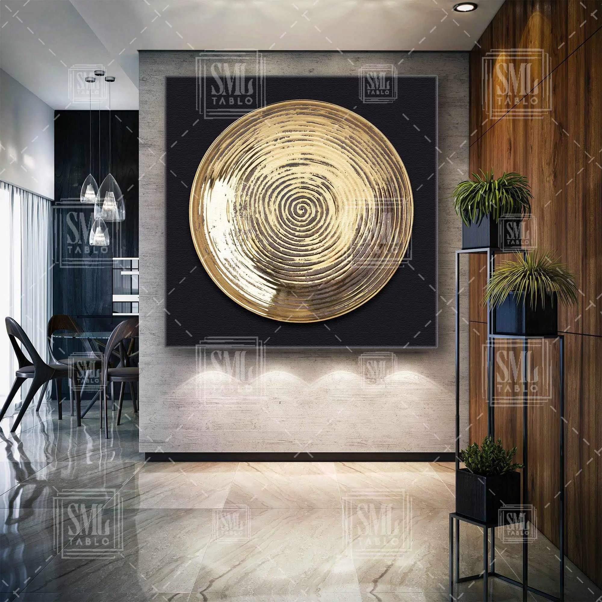 Gold Daire Spiral Kare Kanvas Tablo