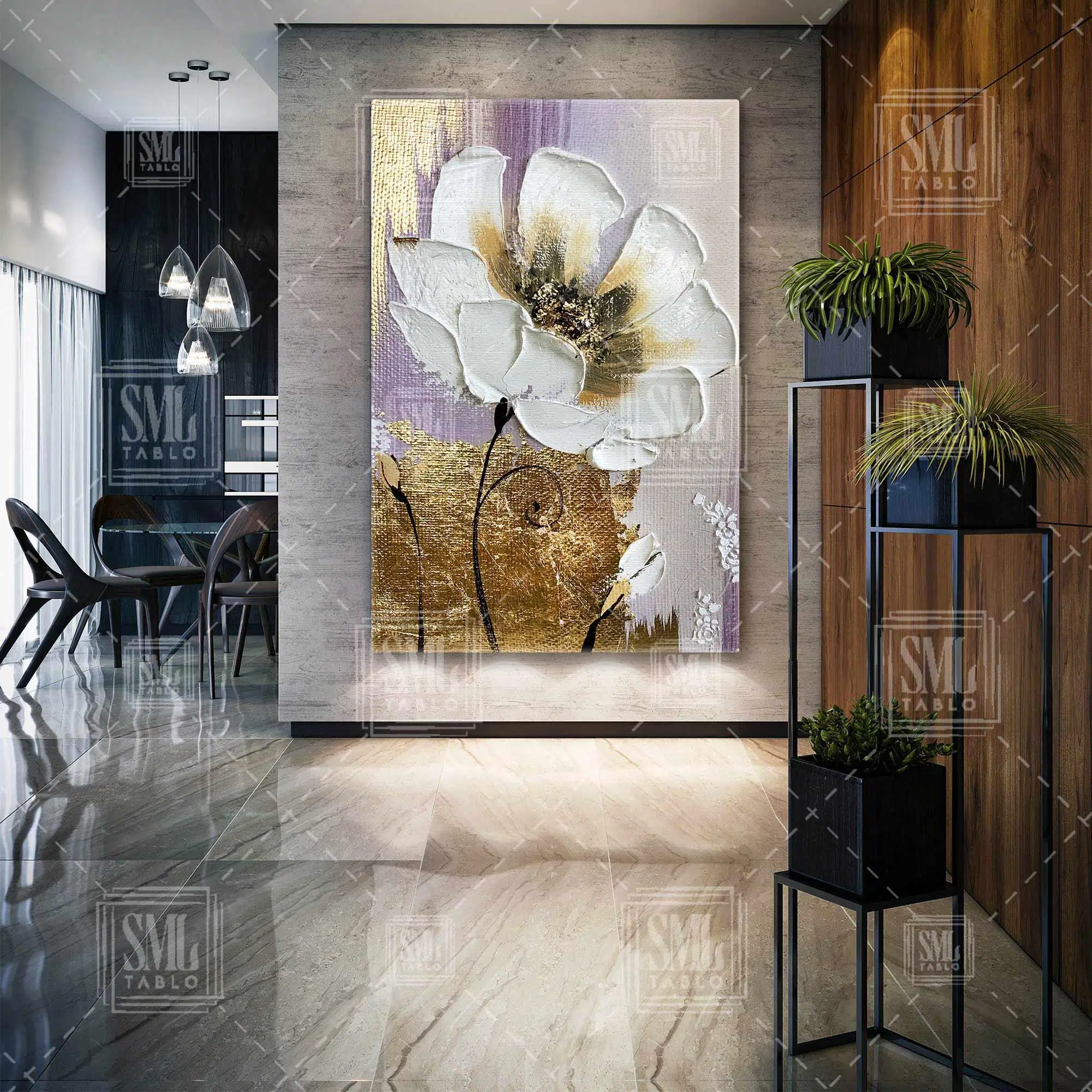 Gold Detaylı Fırça İzleri Beyaz Çiçek Dikey Kanvas Tablo