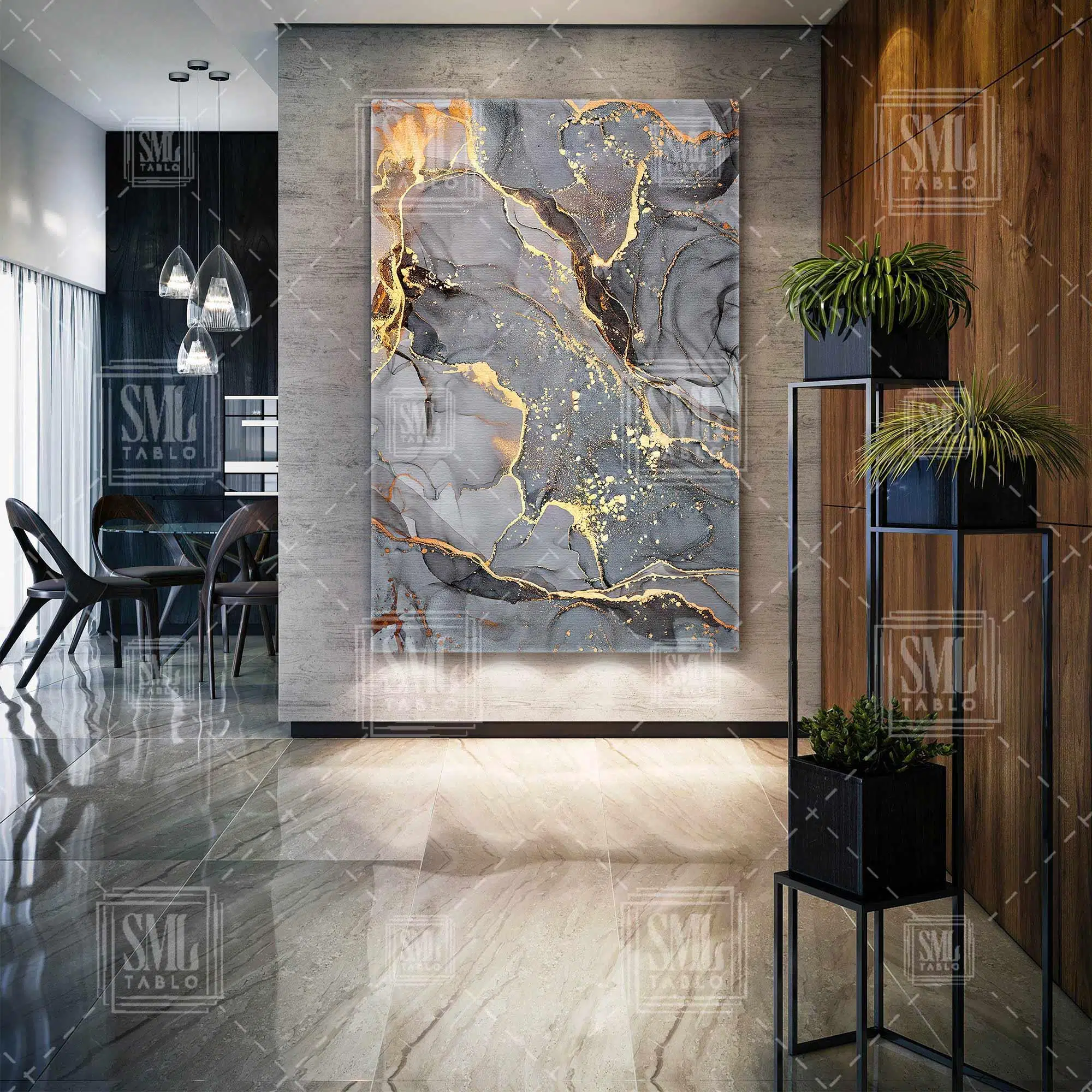 Gold Detaylı Gri Mürekkep Dağılması Dikey Kanvas Tablo