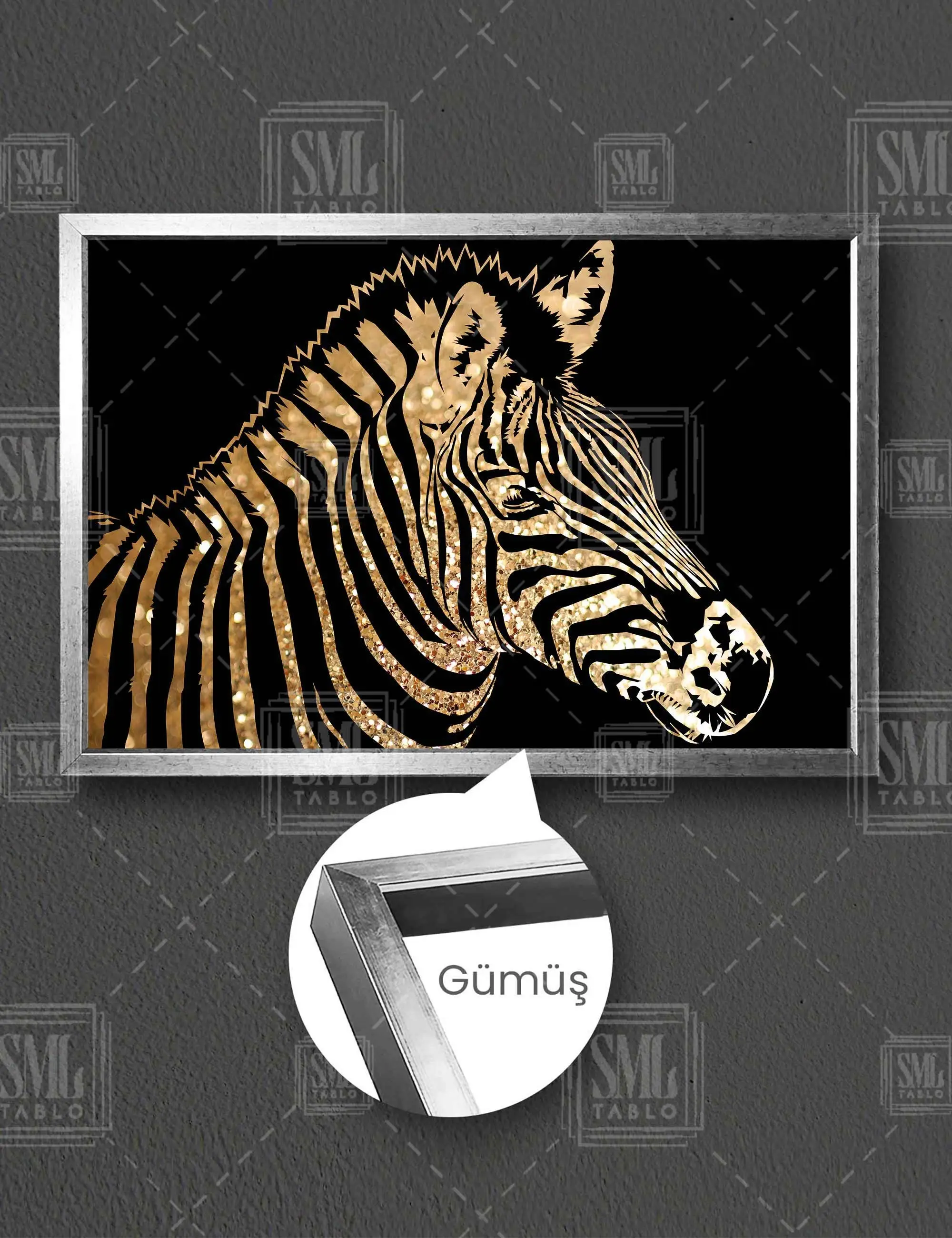 Gold Detaylı Zebra İllüstrasyonu Çizgili Hayvan Silüeti Çerçeveli Yatay Kanvas Tablo - Gümüş