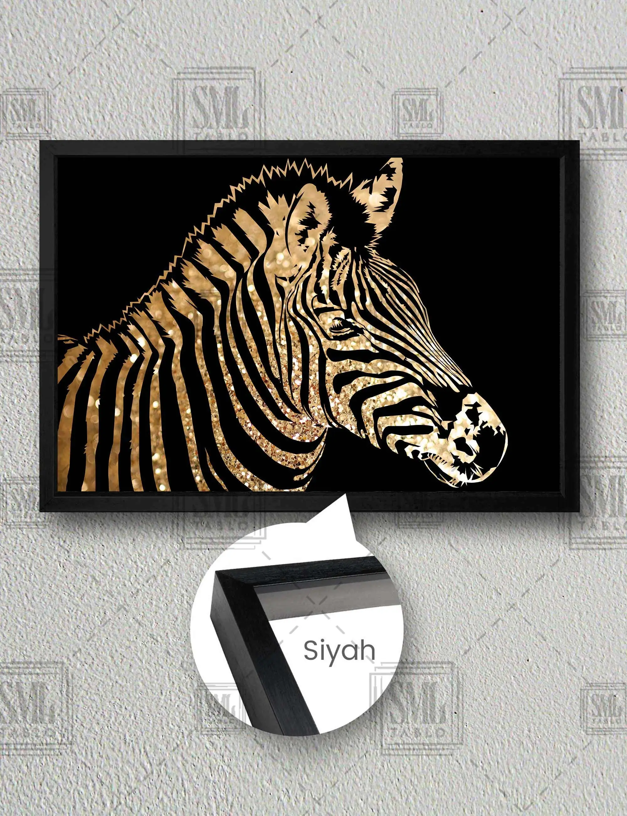 Gold Detaylı Zebra İllüstrasyonu Çizgili Hayvan Silüeti Çerçeveli Yatay Kanvas Tablo - Siyah