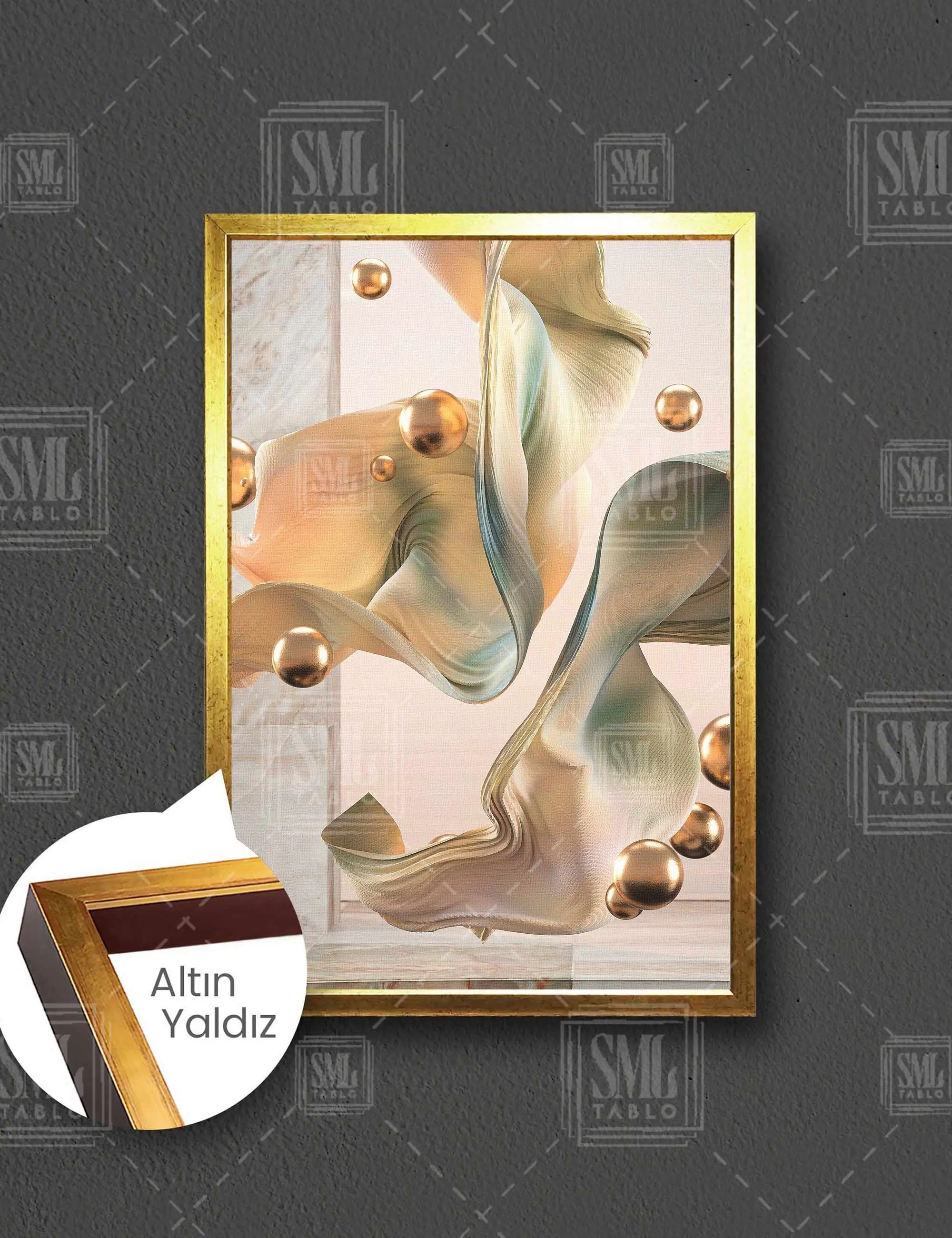 Gold Küreler Uçuşan İpek Kumaş Dekoratif Modern Çerçeveli Dikey Kanvas Tablo
