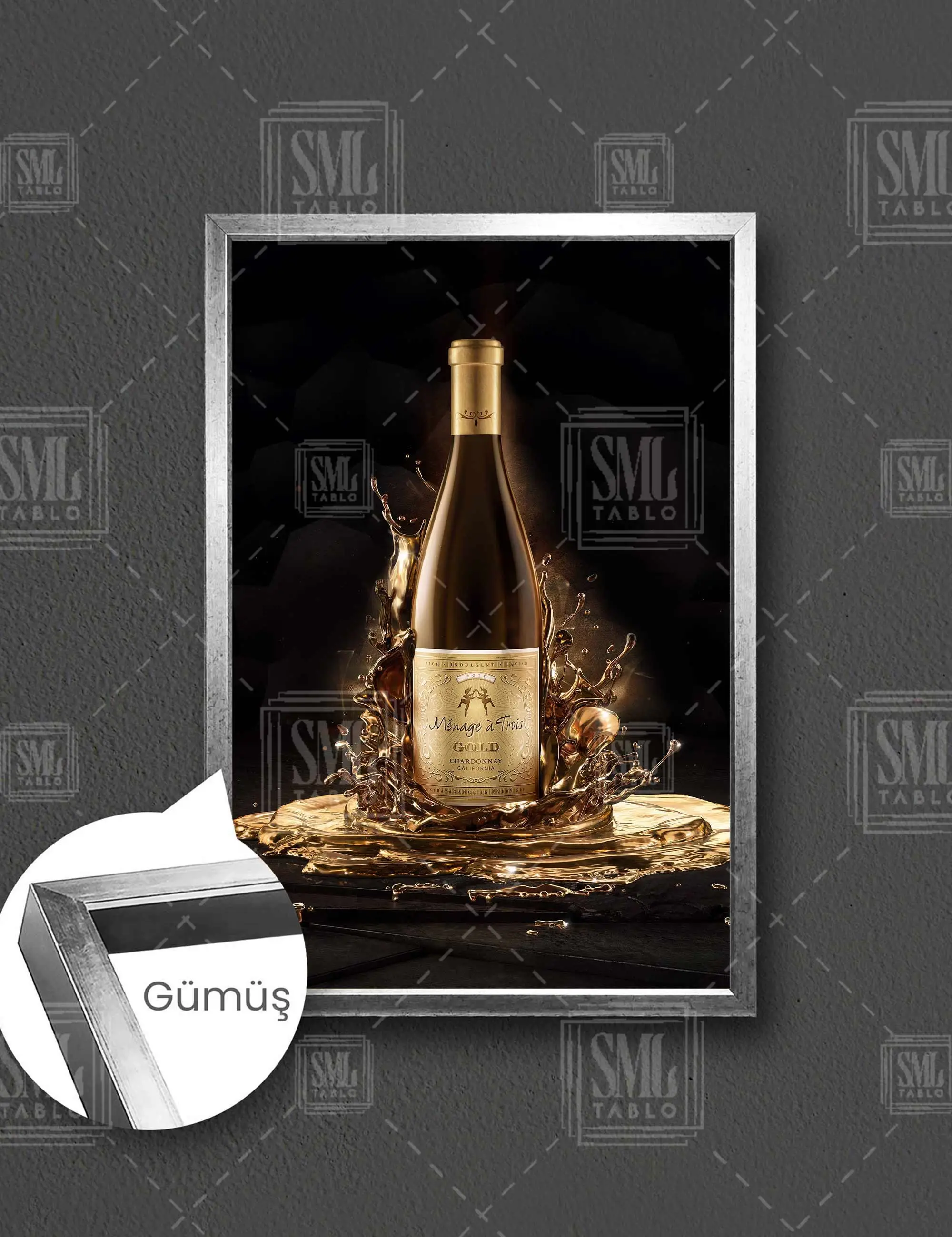 Gold Liquid Cam Şişe Altın Çerçeveli Dikey Kanvas Tablo - Gümüş