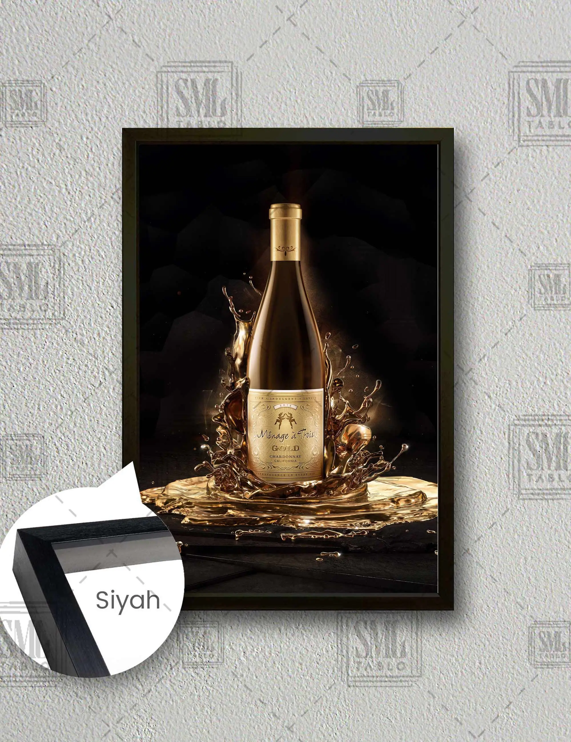 Gold Liquid Cam Şişe Altın Çerçeveli Dikey Kanvas Tablo - Siyah