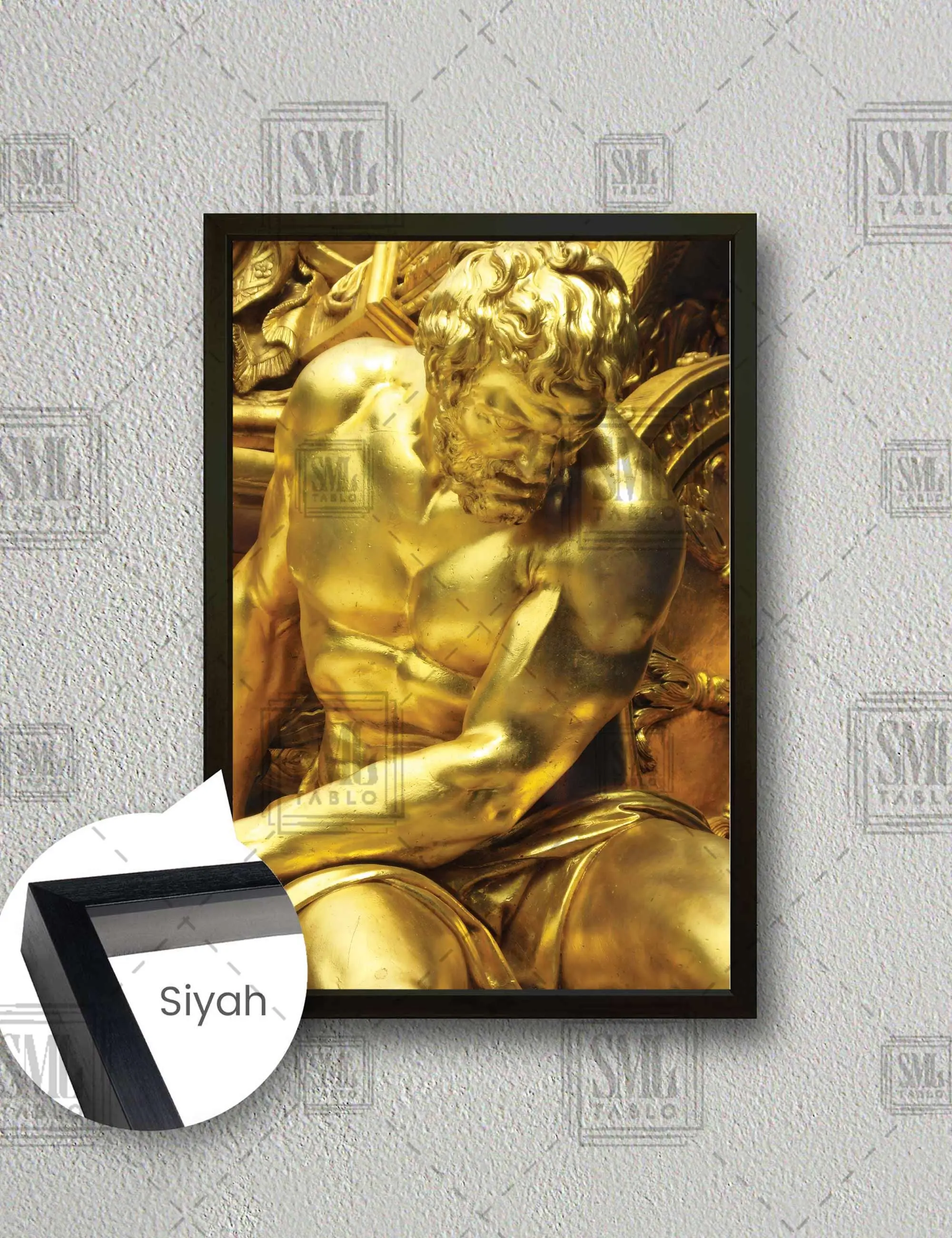 Gold Mitolojik Heykel Dekorasyon Çerçeveli Dikey Kanvas Tablo - Siyah