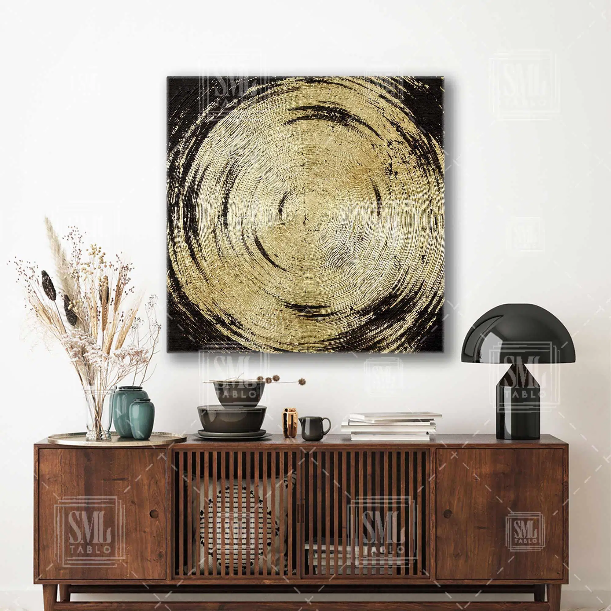 Gold Spiral Fırça İzi Kare Kanvas Tablo