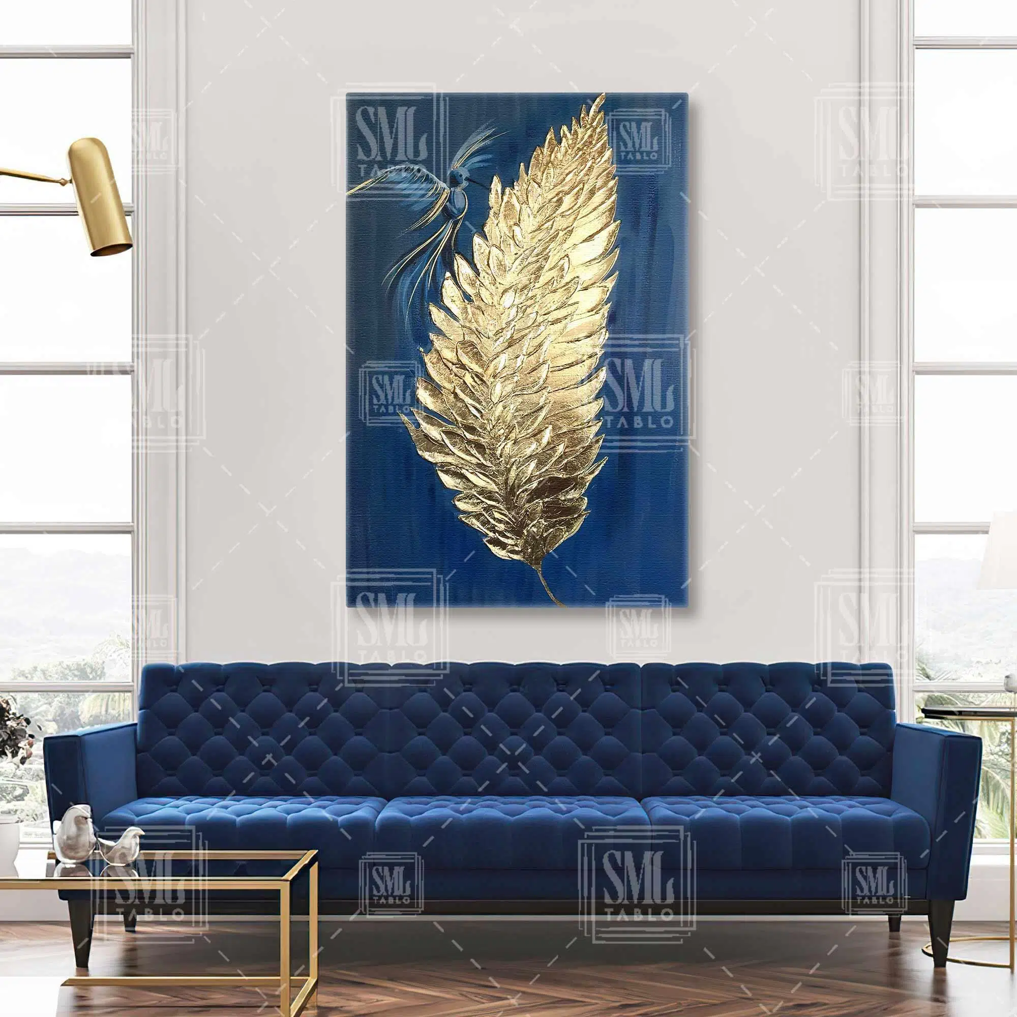 Gold Yaprak Ve Mavi Kuş Dikey Kanvas Tablo
