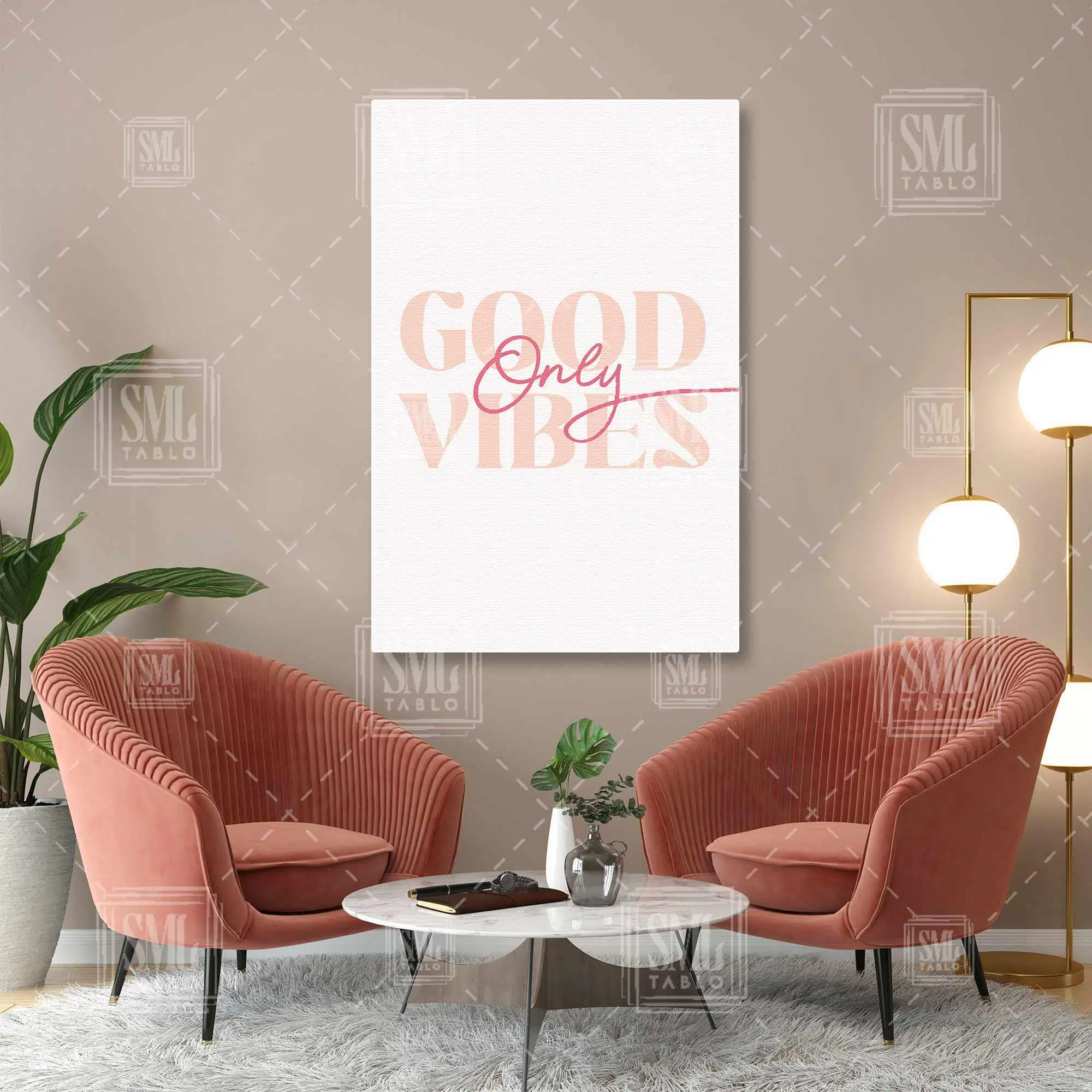 Good Vibes Only Pembe Tipografik Dikey Kanvas Tablo