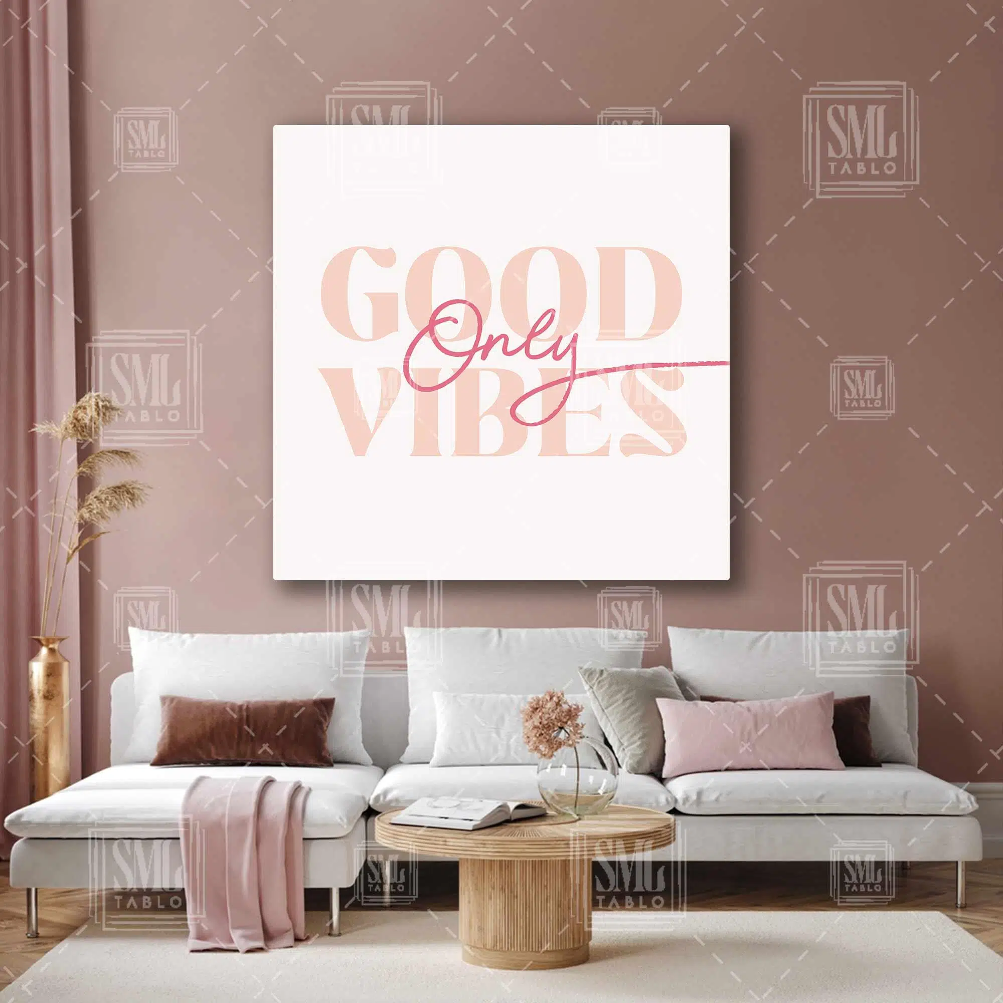 Good Vibes Only Pembe Tipografik Kare Kanvas Tablo