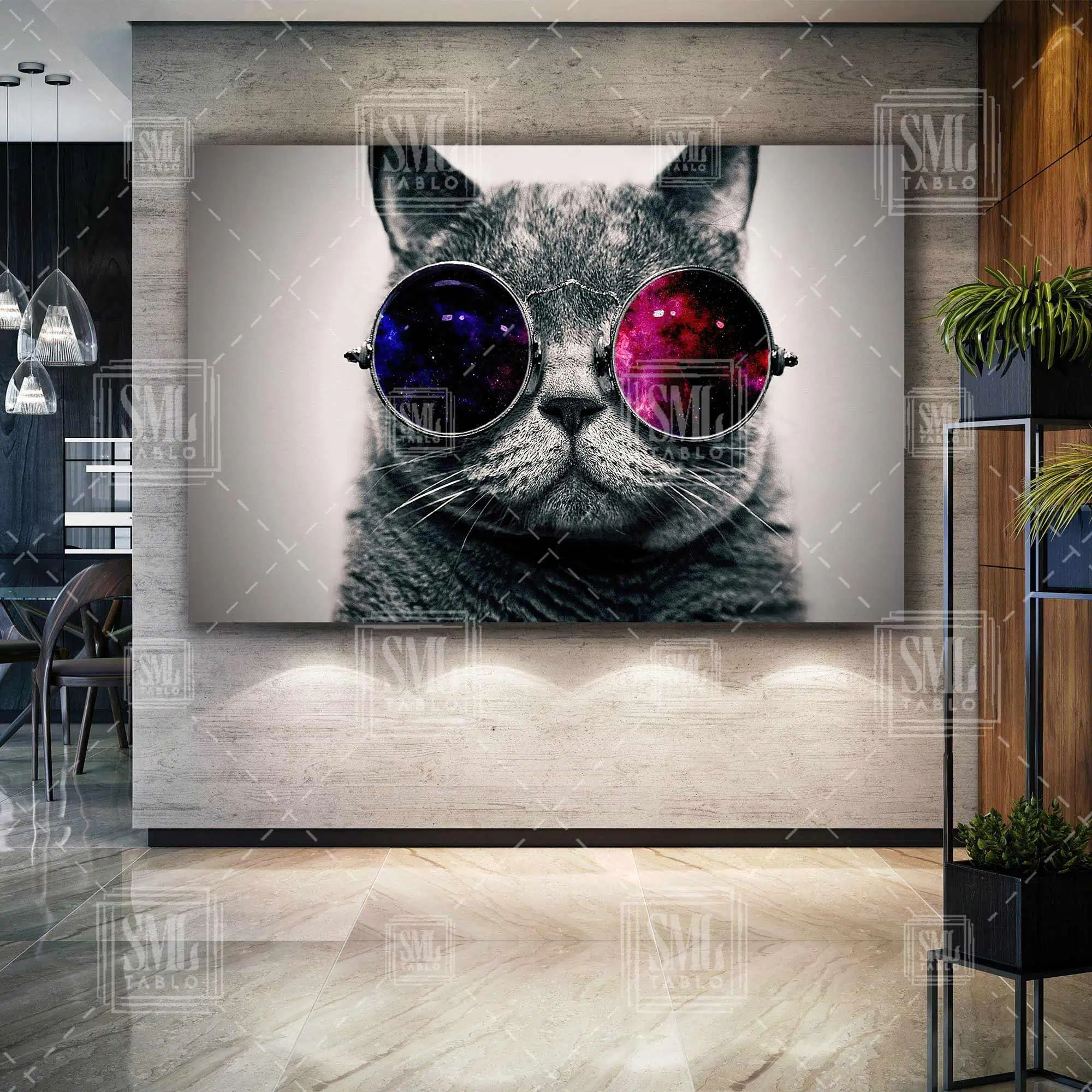 Gözlük Takmış Uzaya Bakan Cool Kedi Karizma Dekor Yatay Kanvas Tablo