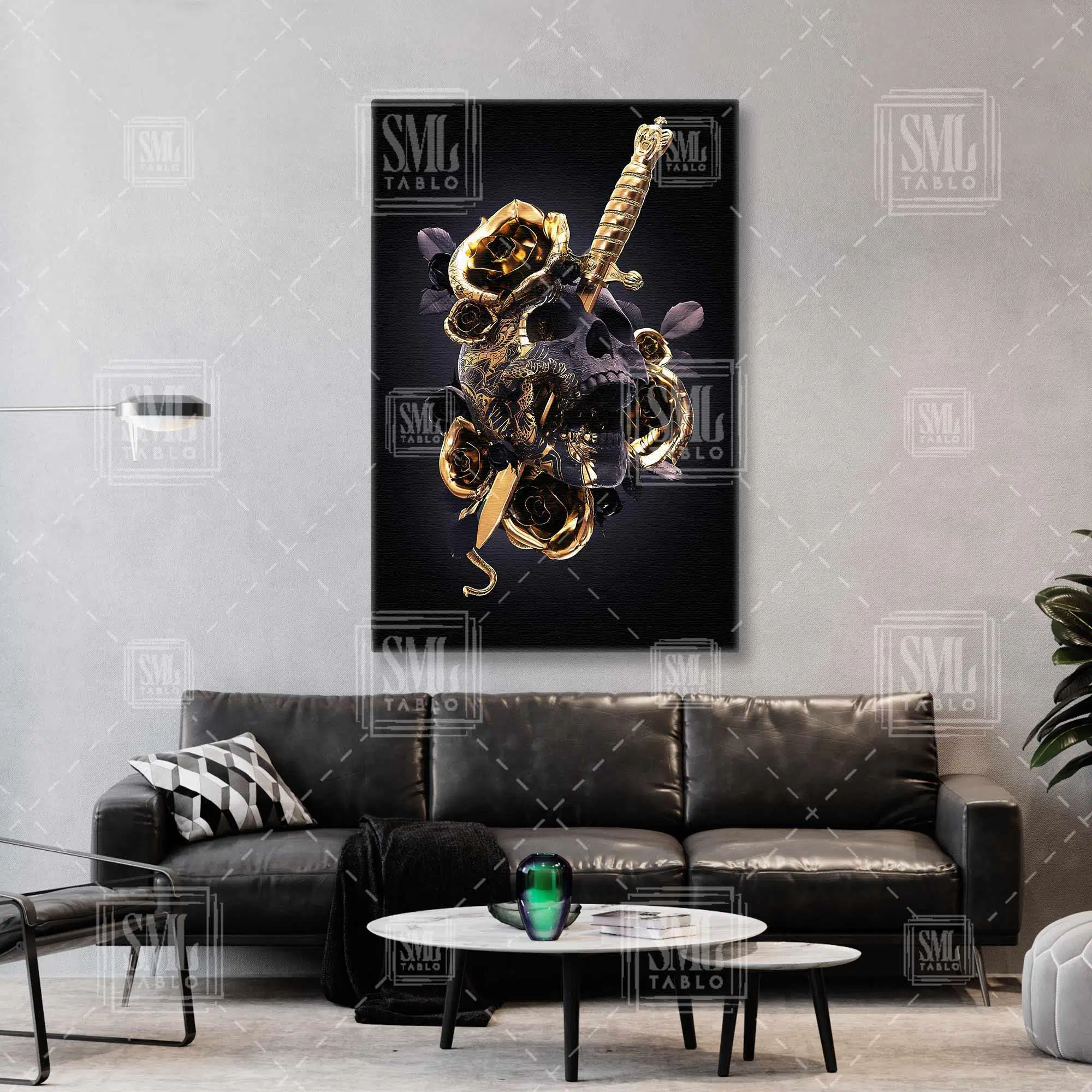 Güllü Art Deco Detaylı Kafa Ve Kılıcı Dikey Kanvas Tablo