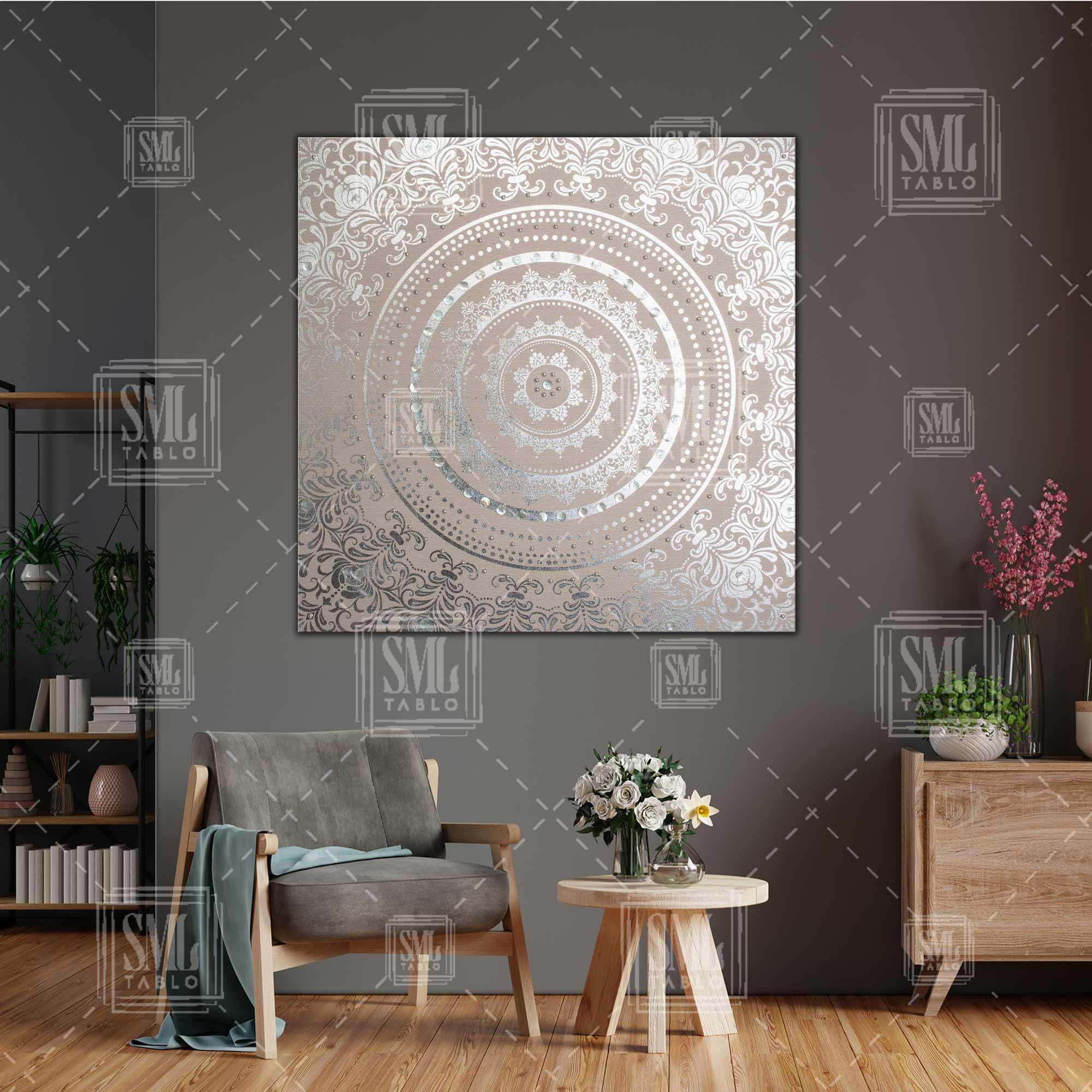 Gümüş Damask Desen Dekoratif Kare Kanvas Tablo Gümüş Damask Desen Dekoratif Kare Kanvas Tablo