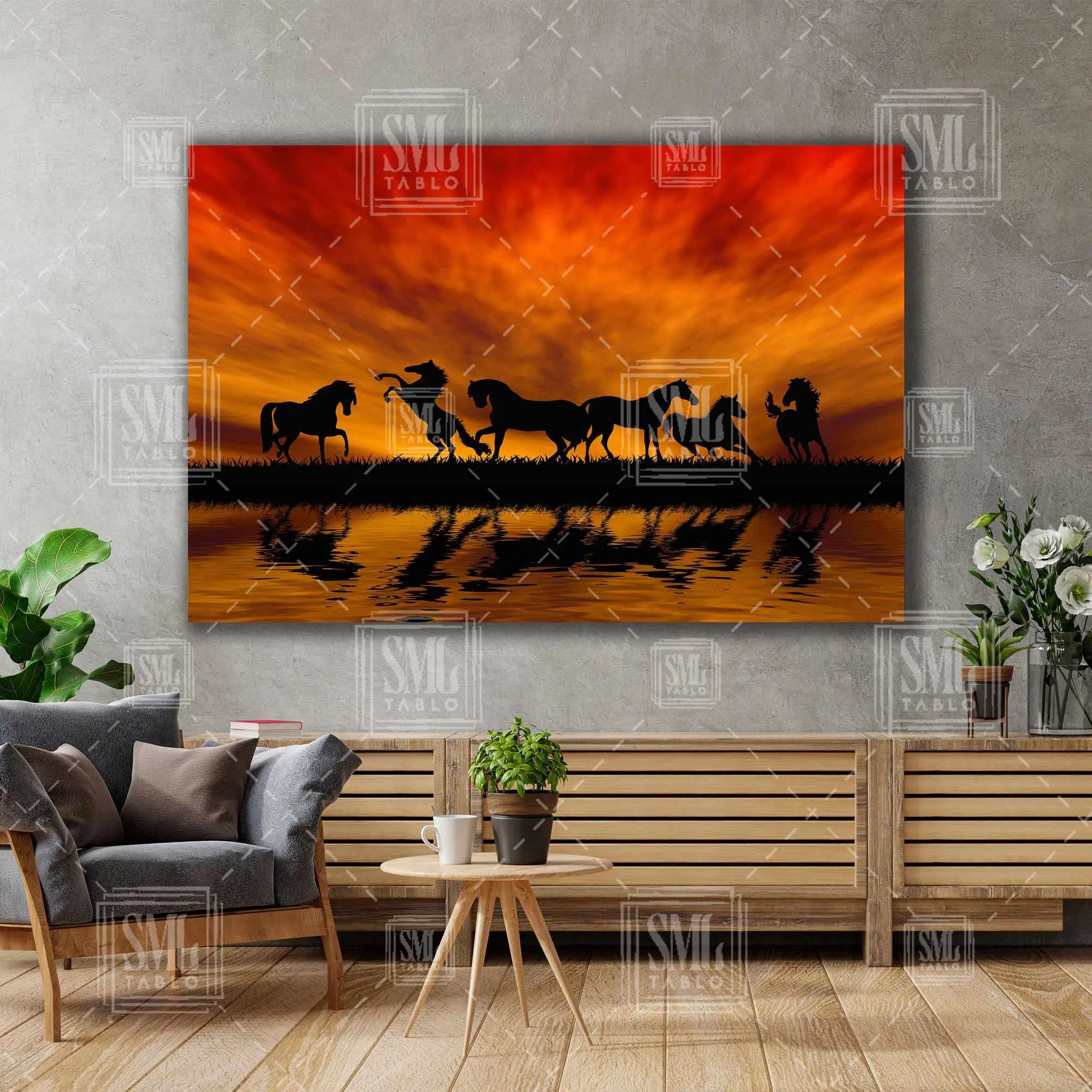Gün Batımı Altında At Sürüsü Gölgeleri Şaha Kalkmış Atlar Manzara Doğa Yatay Kanvas Tablo