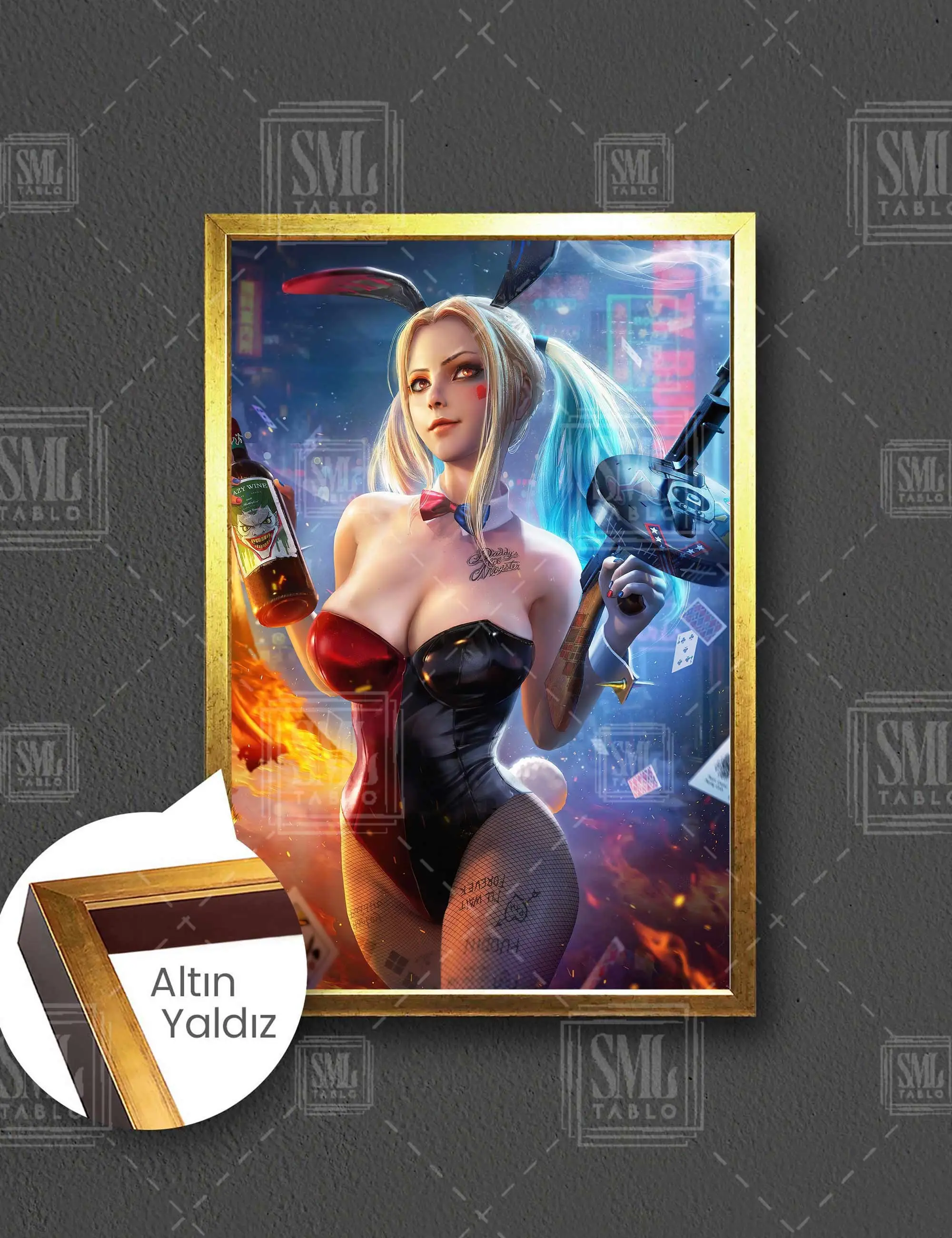 Harley Quinn İlüstrasyonu Joker Sevgilisi Çılgın Kadın DC Evreni Çerçeveli Dikey Kanvas Tablo