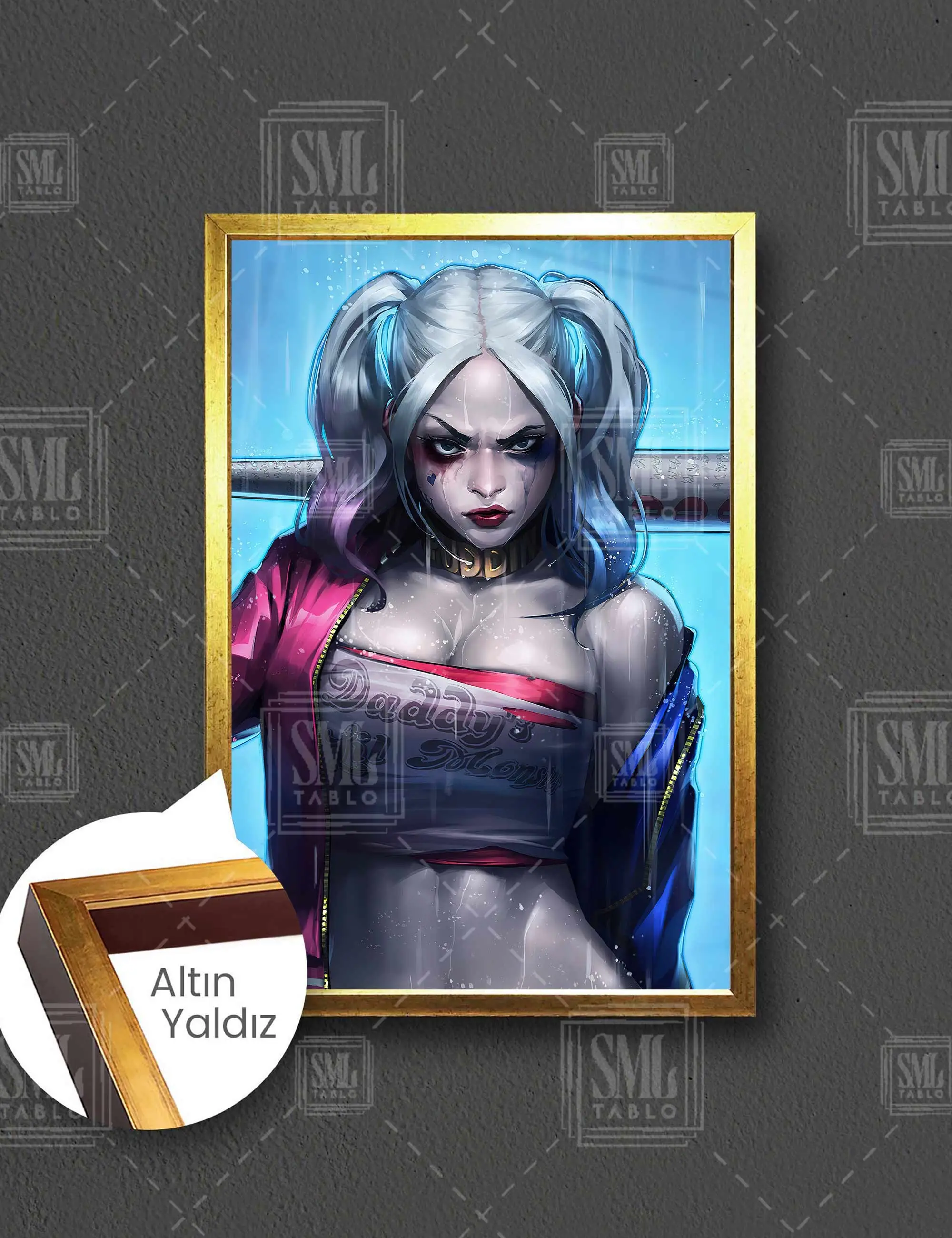 Harley Quinn İlüstrasyonu Joker Sevgilisi DC Evreni Çerçeveli Dikey Kanvas Tablo