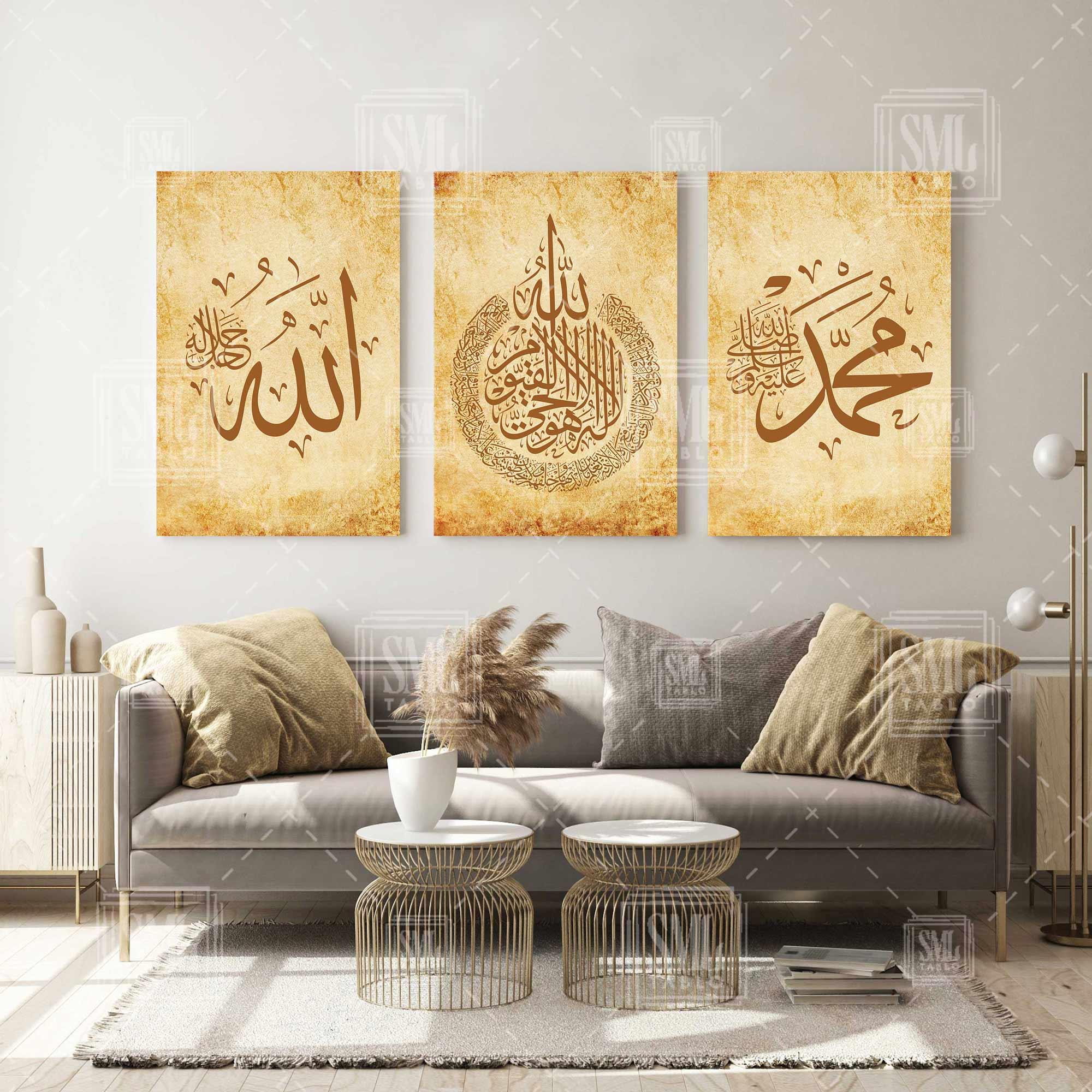 Hat Sanatı Allah Ayetel Kürsi Muhammed Yazısı İslam Kuran Müslüman Üçlü Kombin 3 lü Set Kanvas Tablo Hat Sanatı Allah Ayetel Kürsi Muhammed Yazısı İslam Kuran Müslüman Üçlü Kombin 3 lü Set Kanvas Tablo