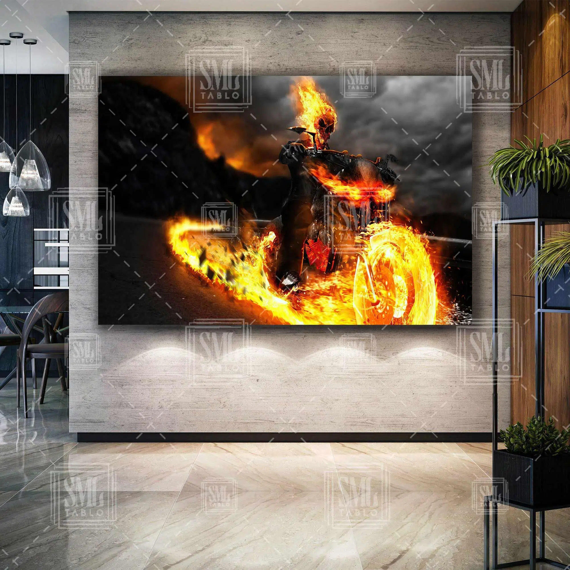 Hayalet Sürücü Yanan Motor Kurukafa İskelet Adam Ghost Rider Film Dekor Yatay Kanvas Tablo
