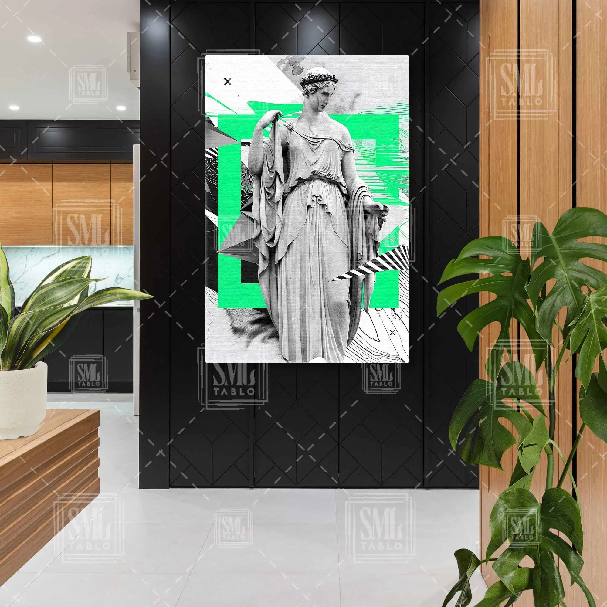 Heykel Neon Yeşil Detaylı Grafik Detaylı Dikey Kanvas Tablo