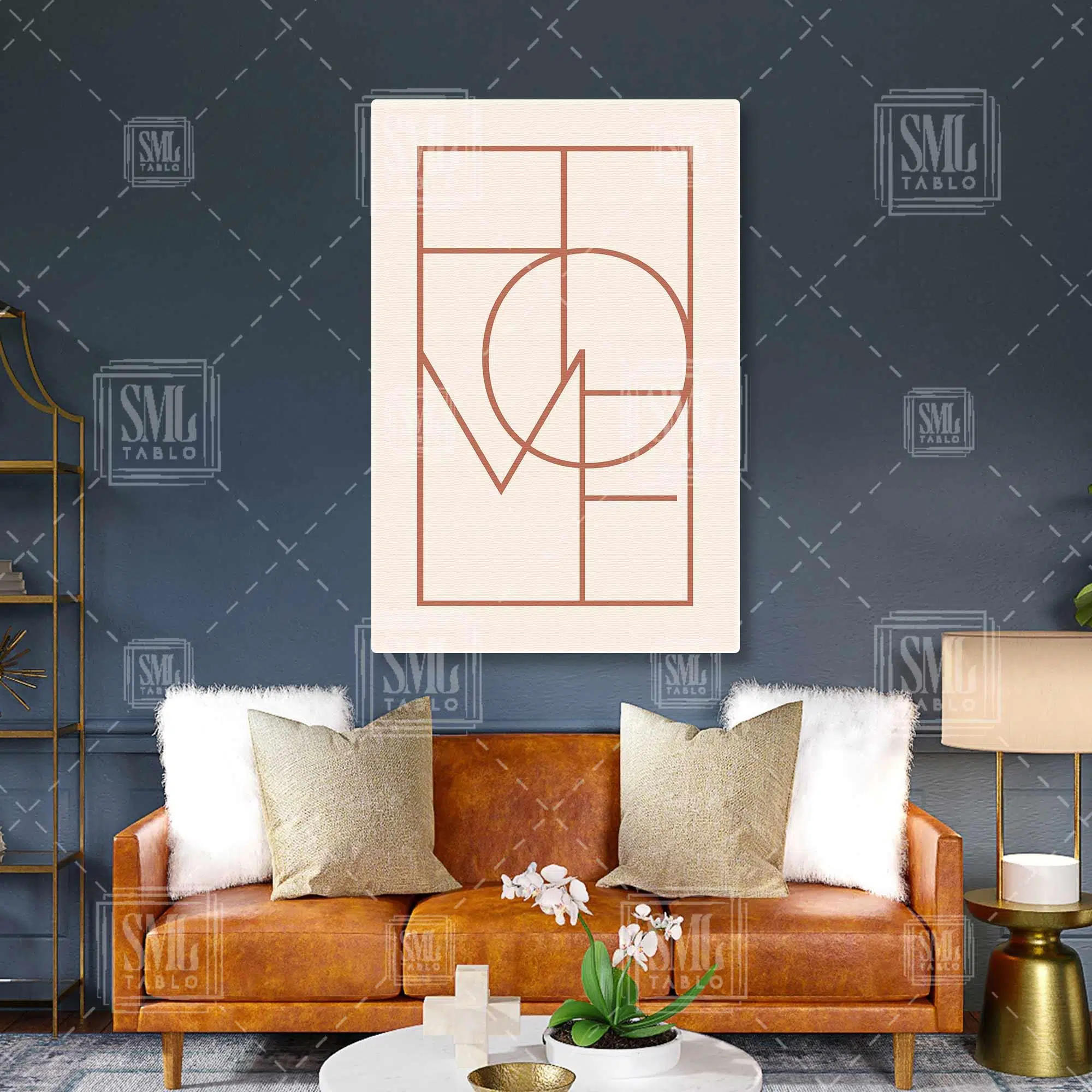 İçiçe Geçmiş Home Yazısı Kiremit Rengi Ev Tipografik Modern Minimal Dikey Kanvas Tablo