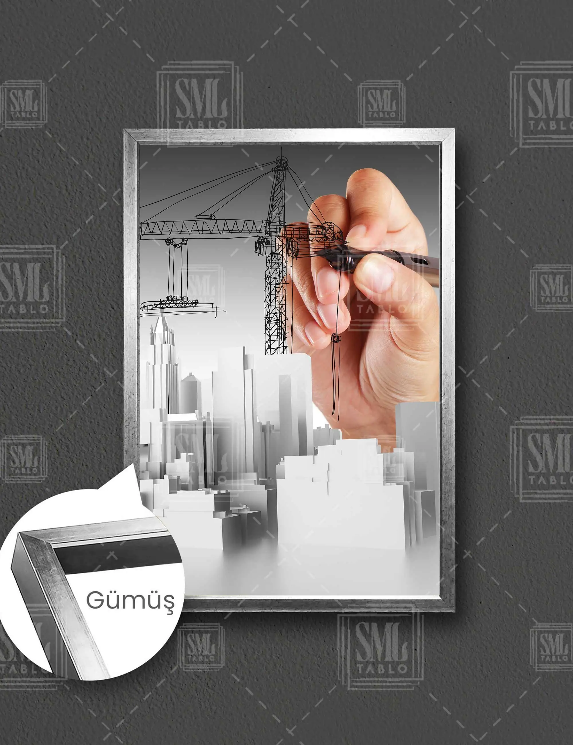 İnşaat Mühendisliği Yapı Denetim İnşaat Projelendirmesi Building City Çerçeveli Dikey Kanvas Tablo - Gümüş