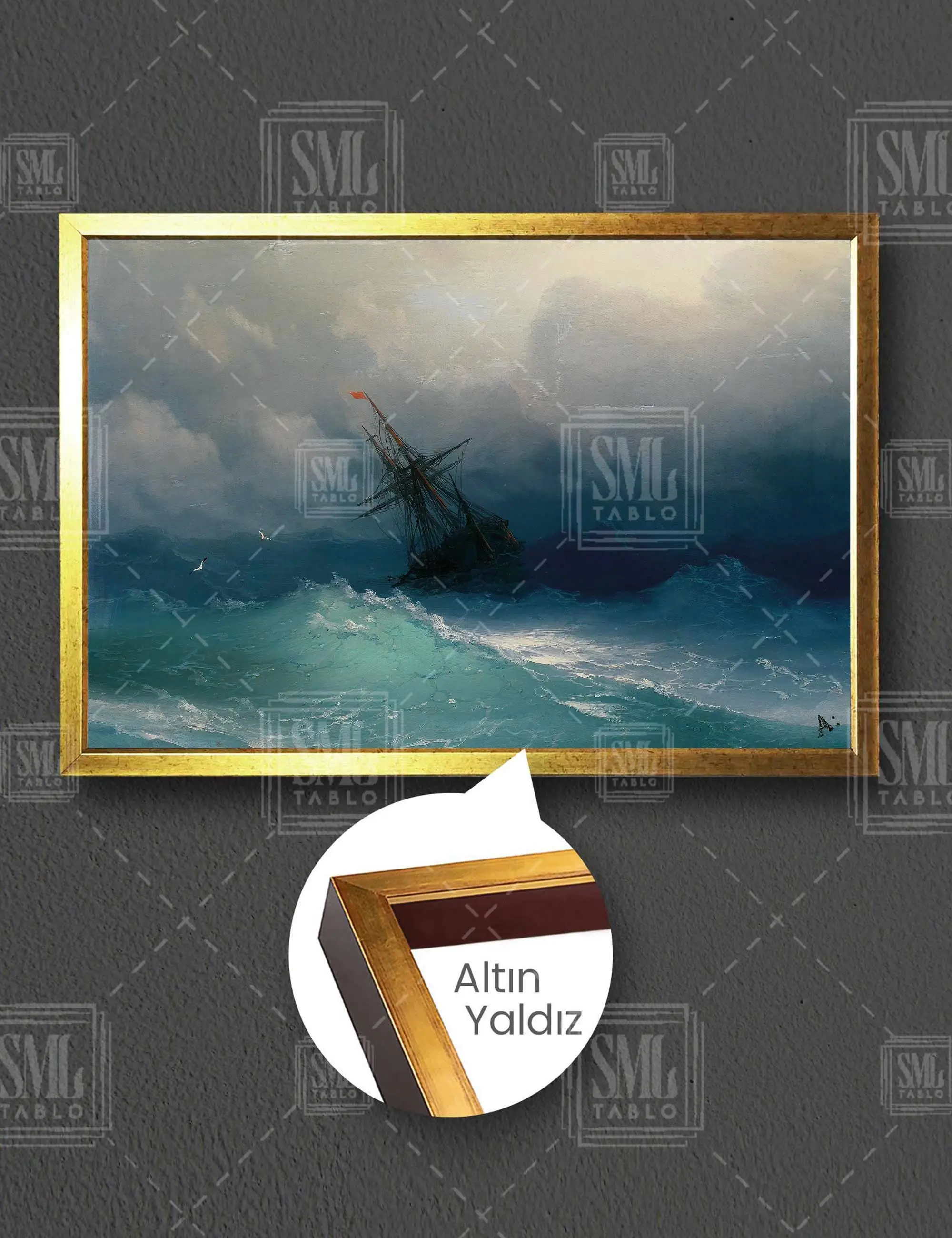 Ivan Aivazovsky Fırtınalı Denizde Savrulan Yelkenli Gemi Çerçeveli Yatay Kanvas Tablo