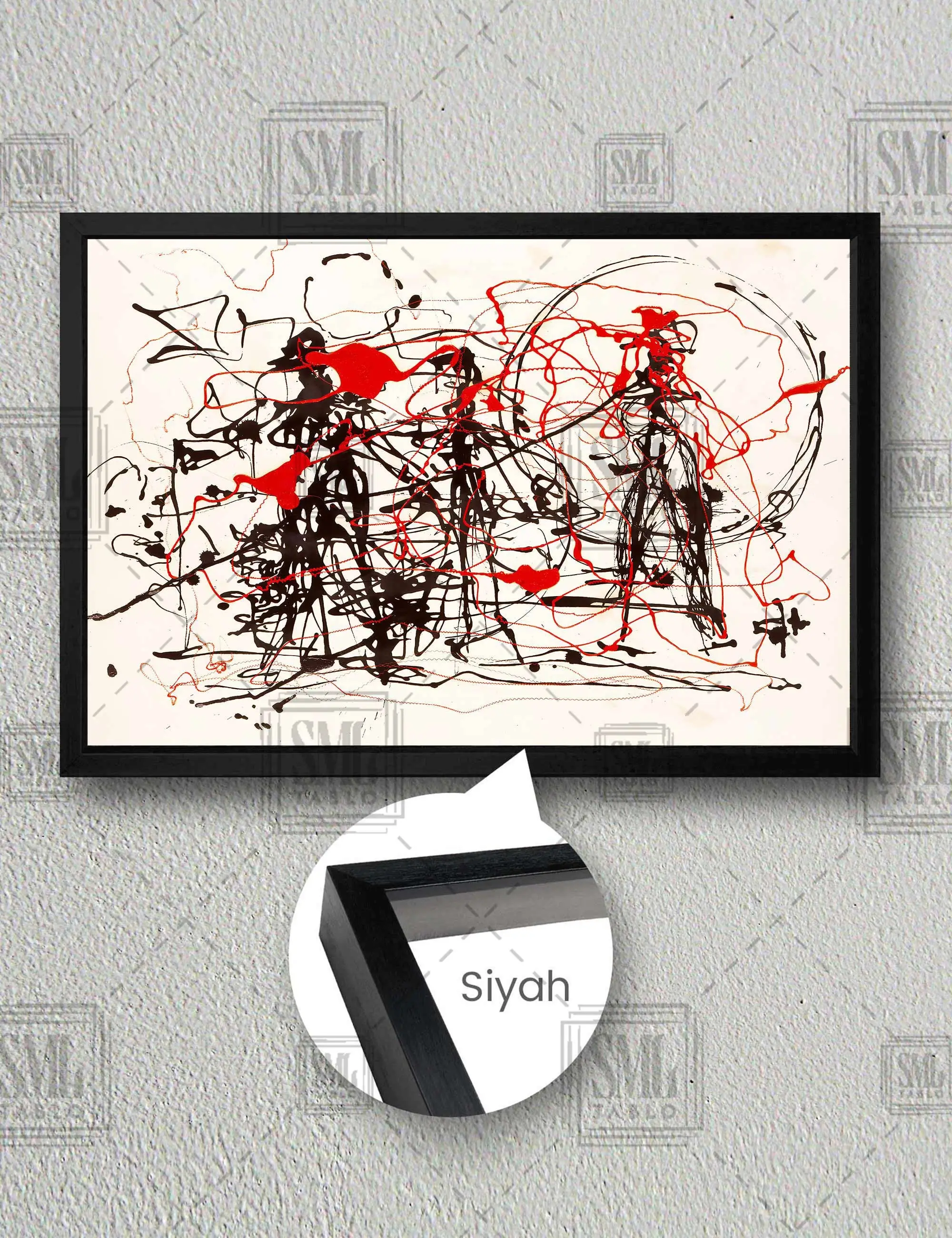 Jackson Pollock Soyut Sürreal Dekor Kırmızı ve Siyah Mürekkep Çerçeveli Yatay Kanvas Tablo - Siyah