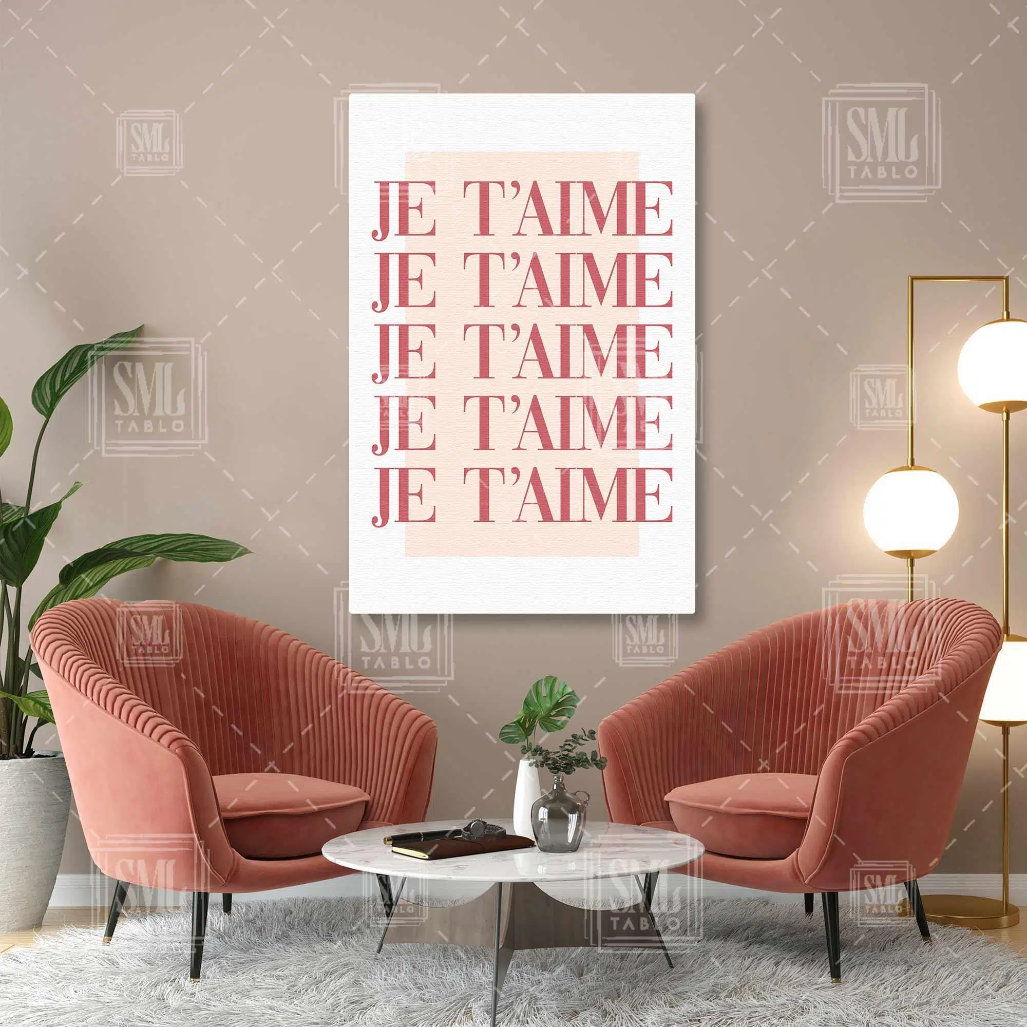 Je Taime Pembe Sıralı Tipografik Dikey Kanvas Tablo