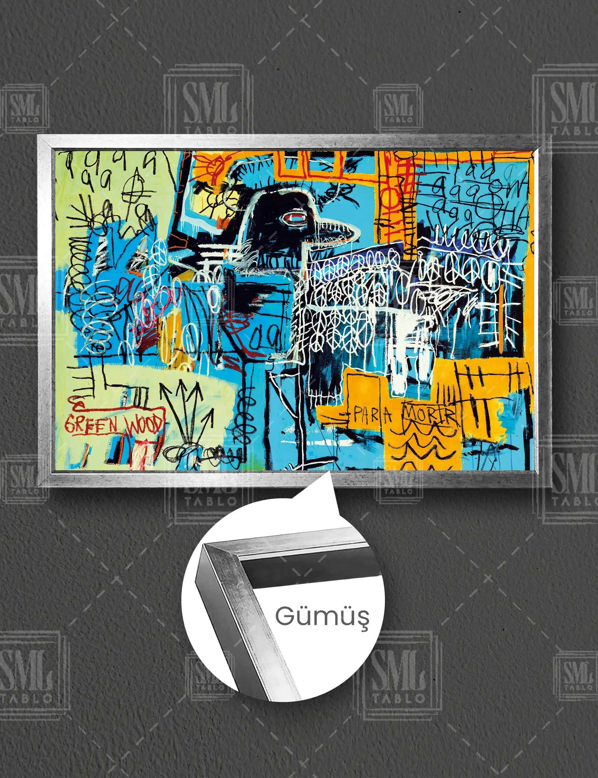 Jean Michel Basquiat Kuş Modern Sanat Çerçeveli Yatay Kanvas Tablo - Gümüş
