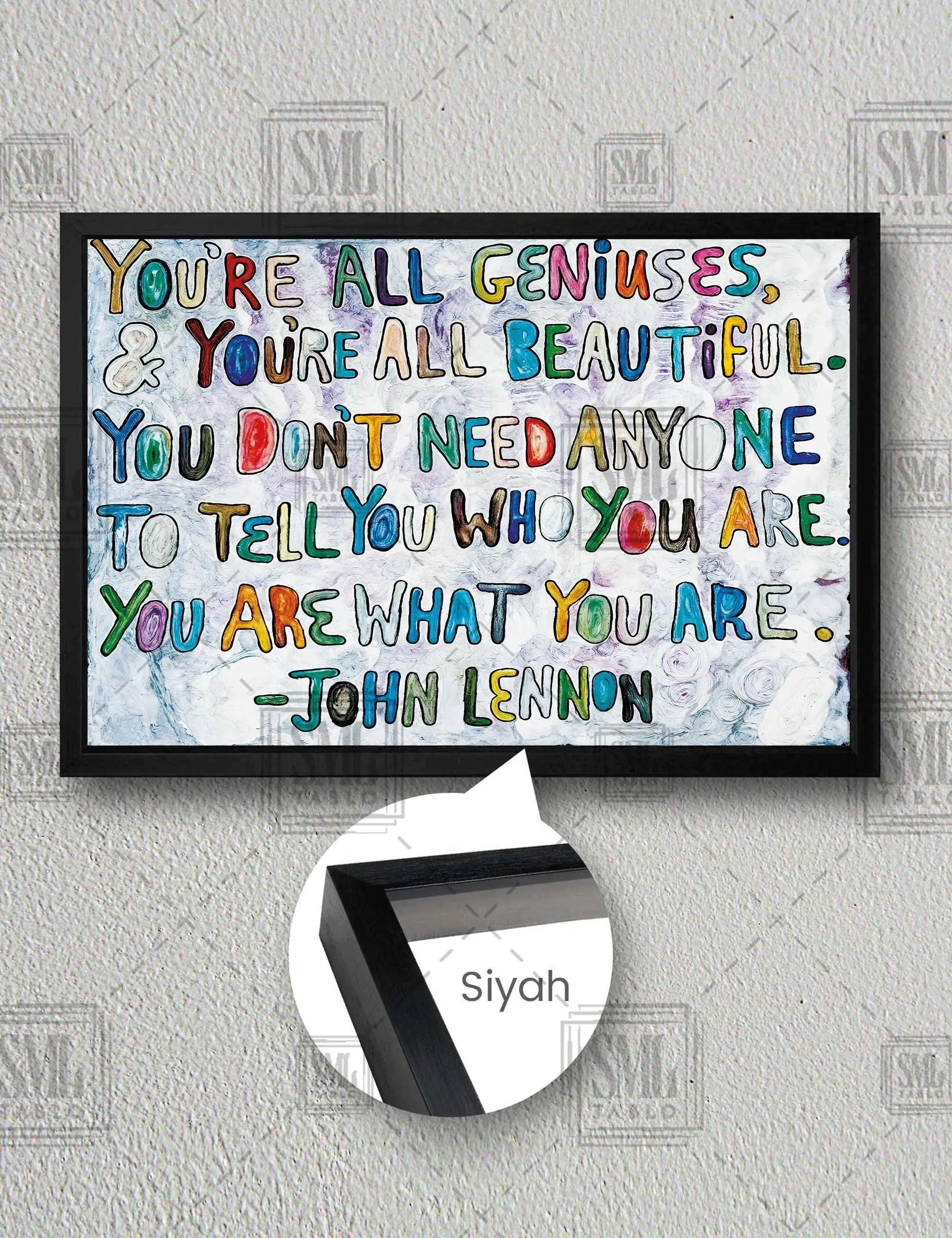 John Lennon Duvar Yazısı Sokak Sanatı Grafitti Çerçeveli Yatay Kanvas Tablo - Siyah
