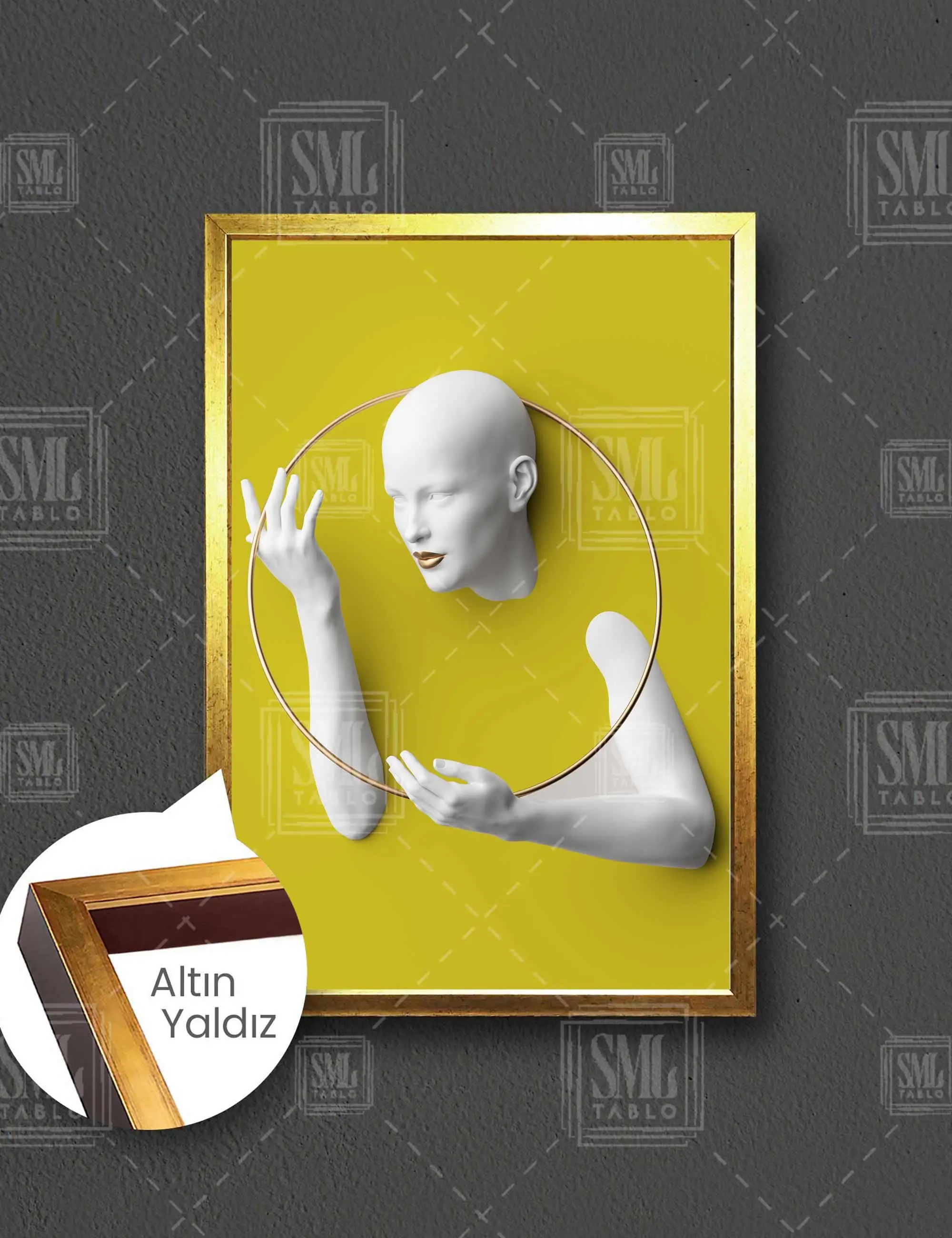 Kabartma Efektli Altın Daire Çerçeve Sarı Fon Dekoratif Çerçeveli Dikey Kanvas Tablo