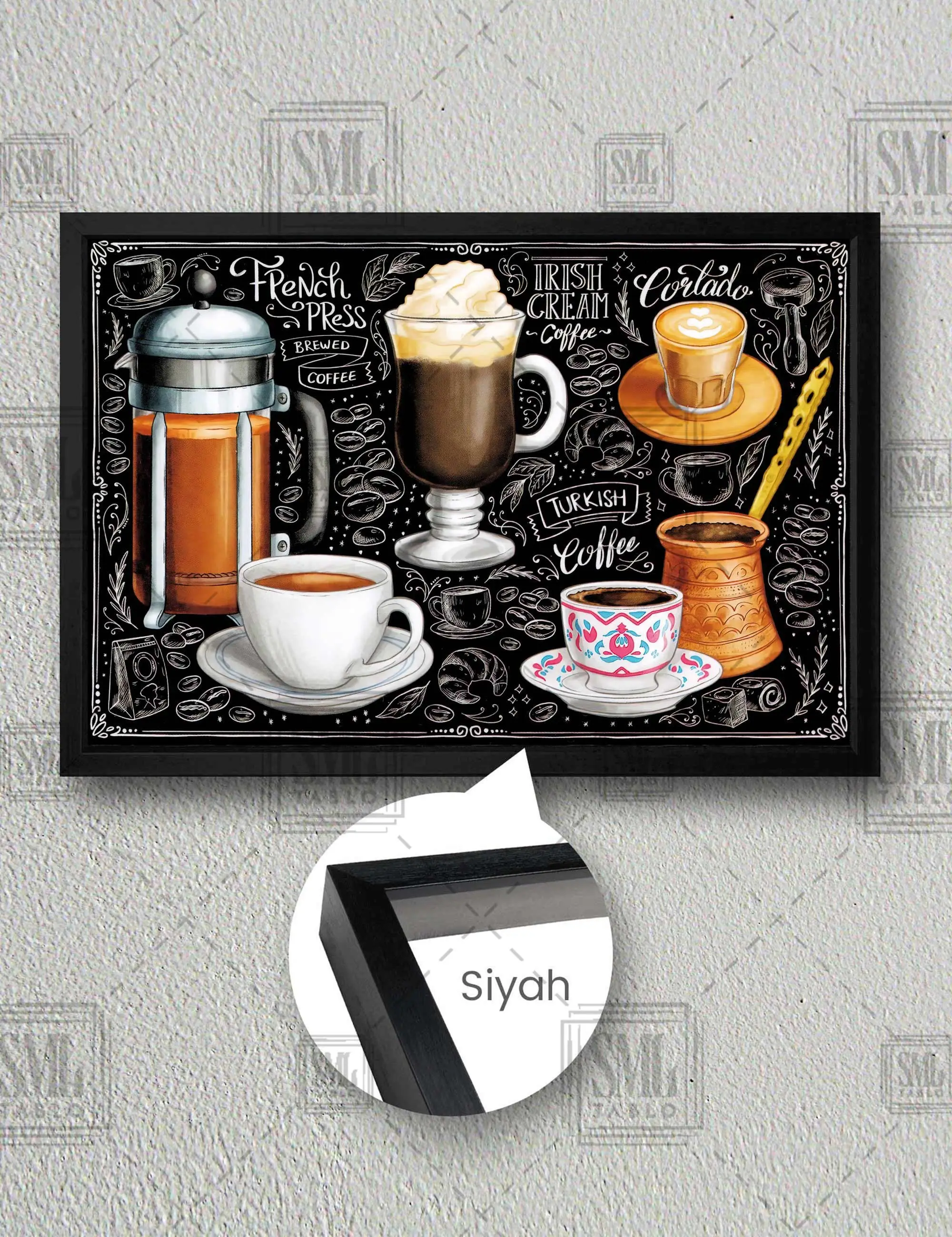 Kahve Çeşitleri Türk Kahvesi Espresso Büfe Cafe Restaurant Çerçeveli Yatay Kanvas Tablo - Siyah