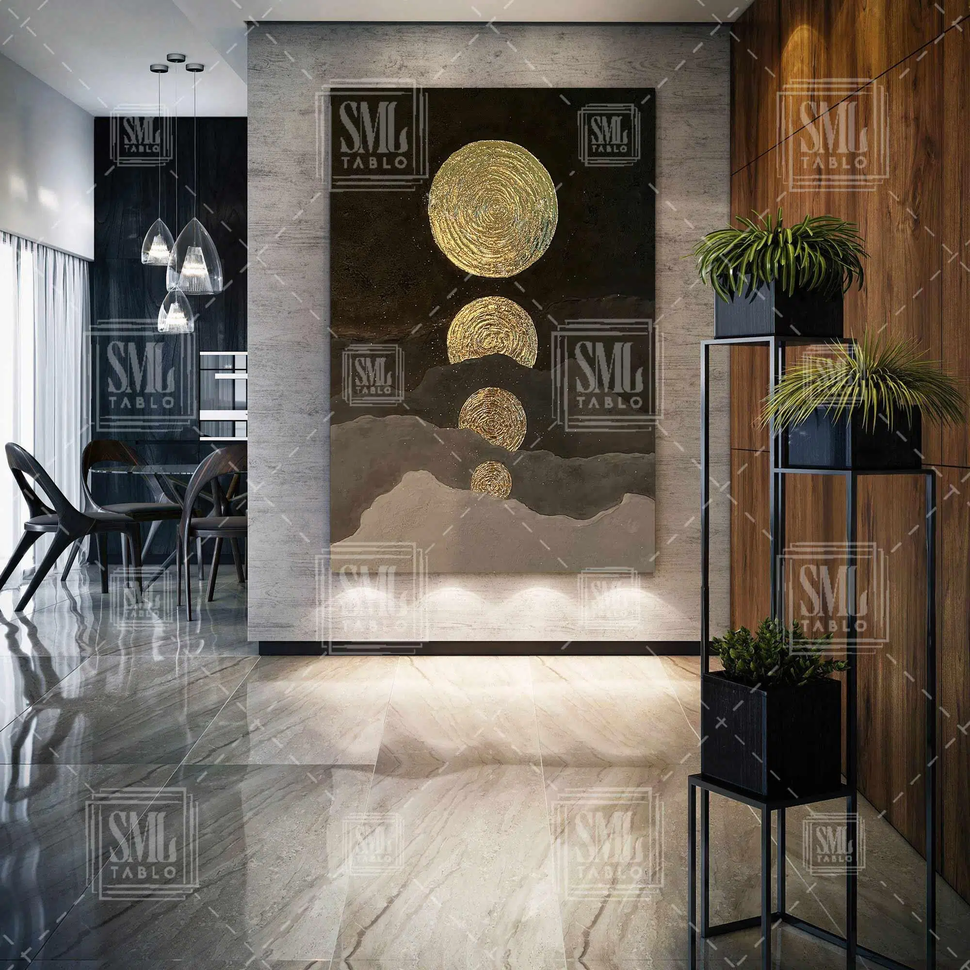 Kahverengi Altın Gold Daire Geometrik Modern Sanat Dikey Kanvas Tablo