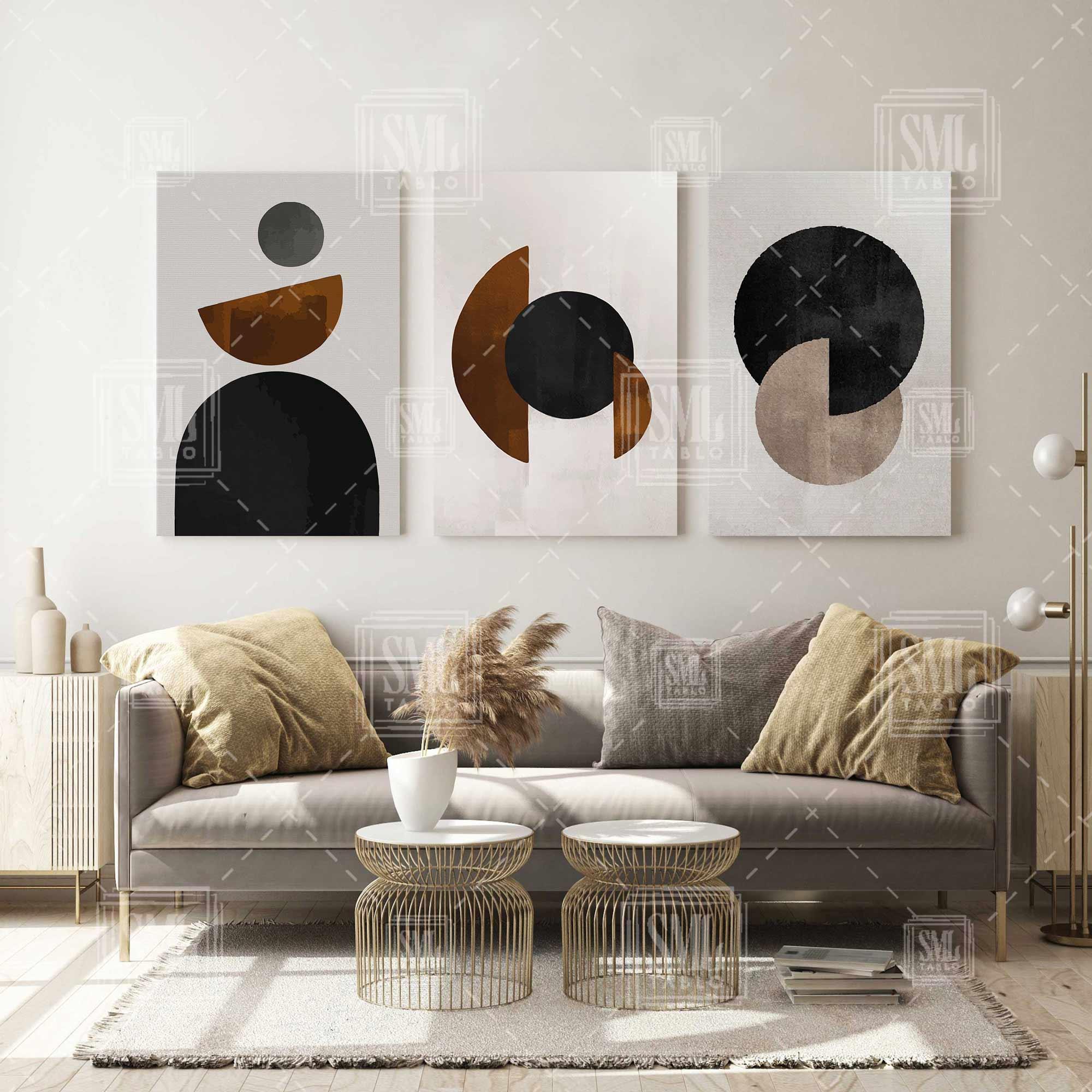 Kahverengi Siyah Geometrik Yuvarlaklaklar Yarım Daire Dekor Üçlü Kombin 3 lü Set Kanvas Tablo Kahverengi Siyah Geometrik Yuvarlaklaklar Yarım Daire Dekor Üçlü Kombin 3 lü Set Kanvas Tablo
