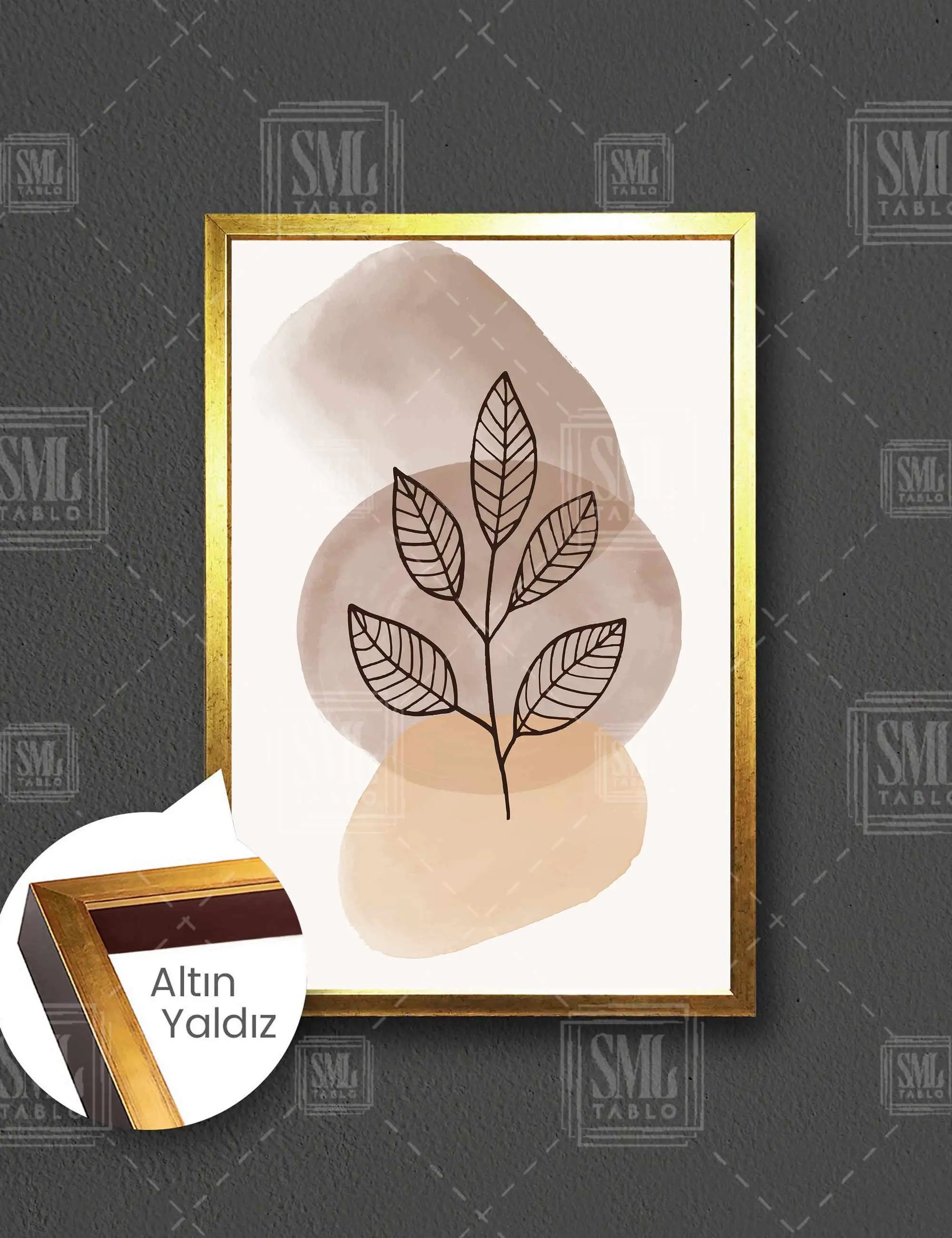 Kahverengi Tonları Sulu Boya İzleri ve Yapraklar Line Art Boho Çerçeveli Dikey Kanvas Tablo