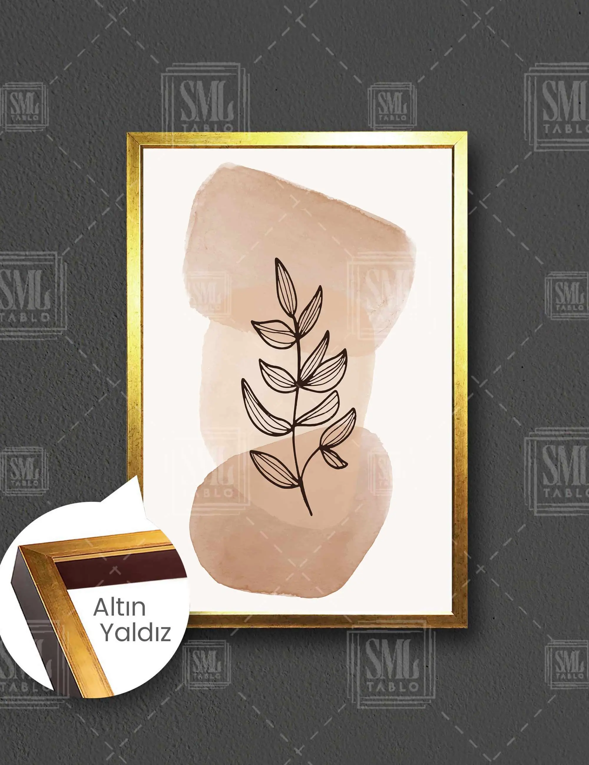 Kahverengi Tonlarında Sulu Boya İzleri ve Yaprak Line Art Boho Çerçeveli Dikey Kanvas Tablo