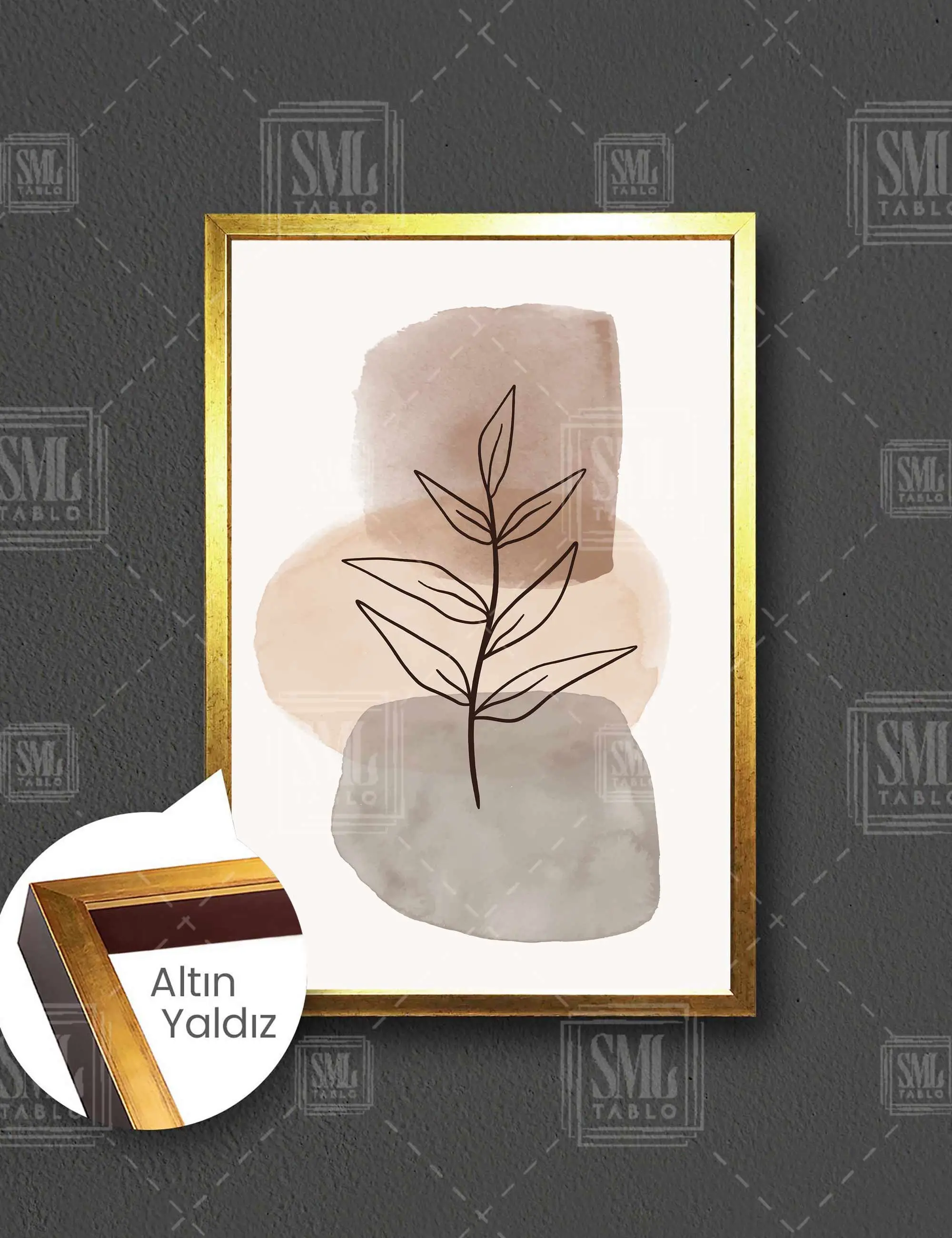 Kahverengi Tonlarında Sulu Boya İzleri ve Yapraklar Line Art Boho Çerçeveli Dikey Kanvas Tablo