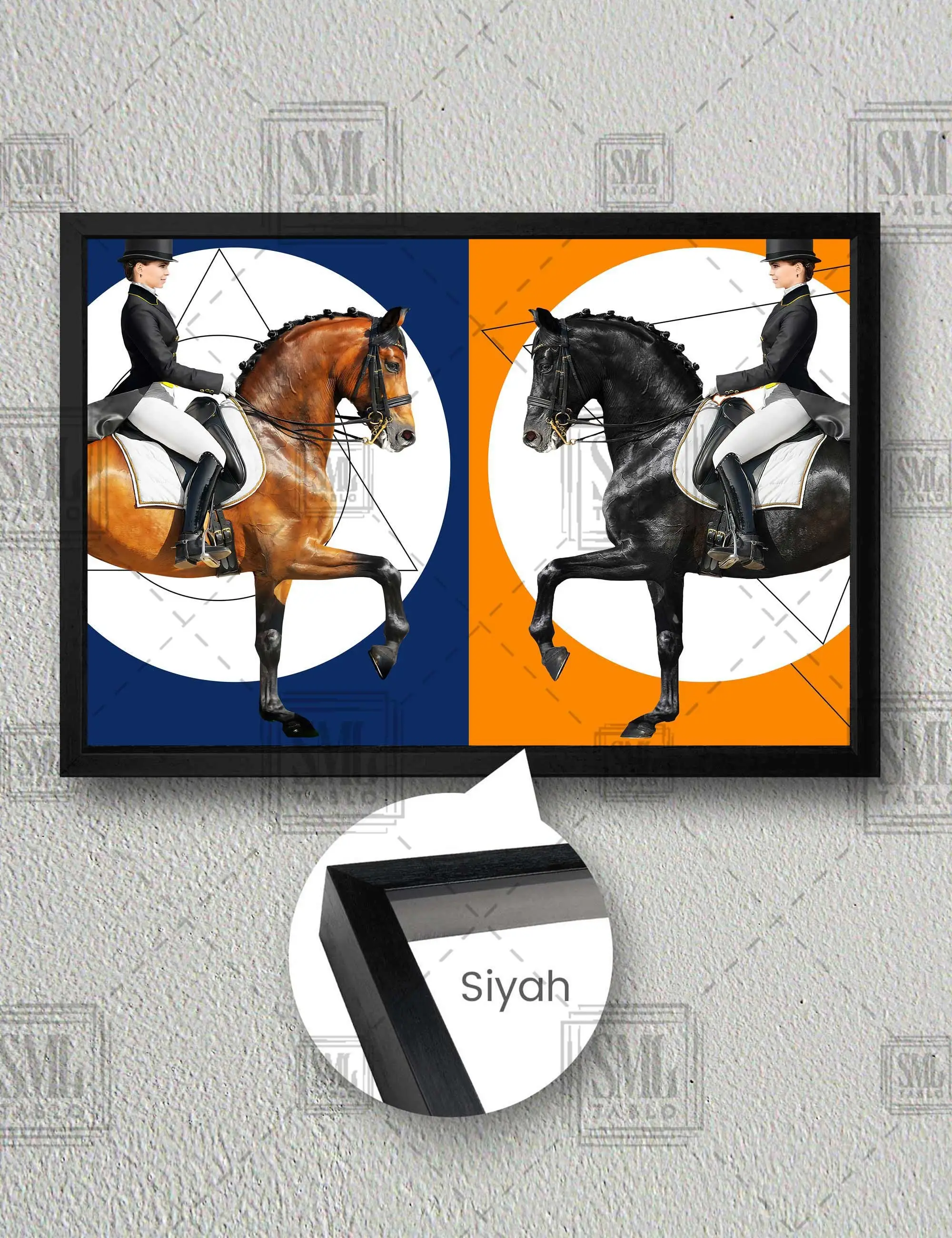 Kahverengi ve Siyah At Üzerinde Jokey Modern Çerçeveli Yatay Kanvas Tablo - Siyah